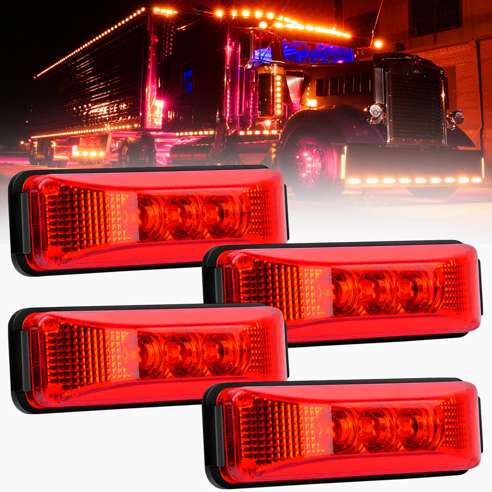 PSEQT LED Side Marker Trailer Lights Red 4'' Brake Stop Turn Signal Clearance Identification Light Front Rear Tail Indicator Lamps for Car Truck Trailer Pickup RV ATV UTV Wrangler Snowmobile, 4Pcs