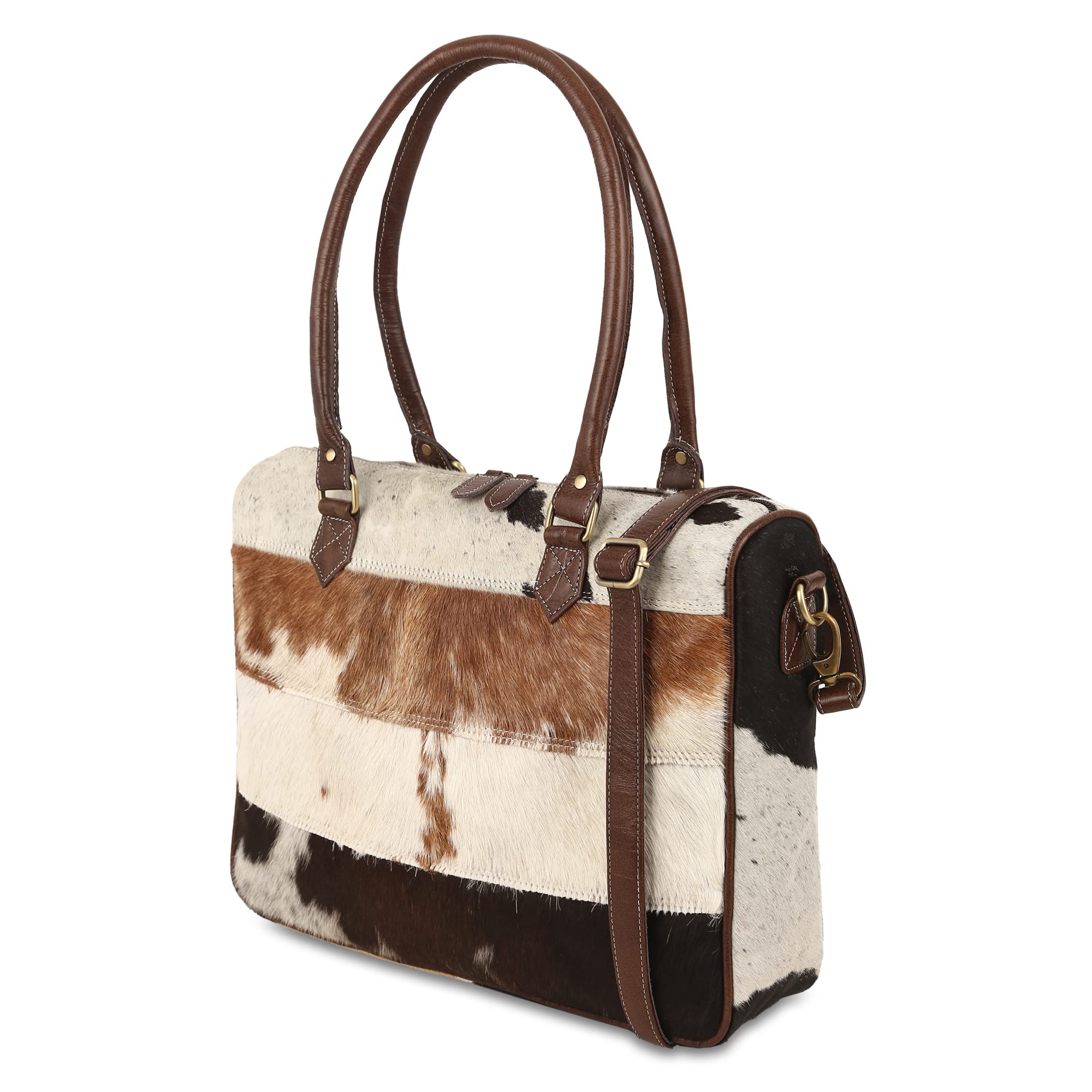 16 inches leather hairon tote bag with lining, White and Brown, Hairon Leather Tote Bag With Lining