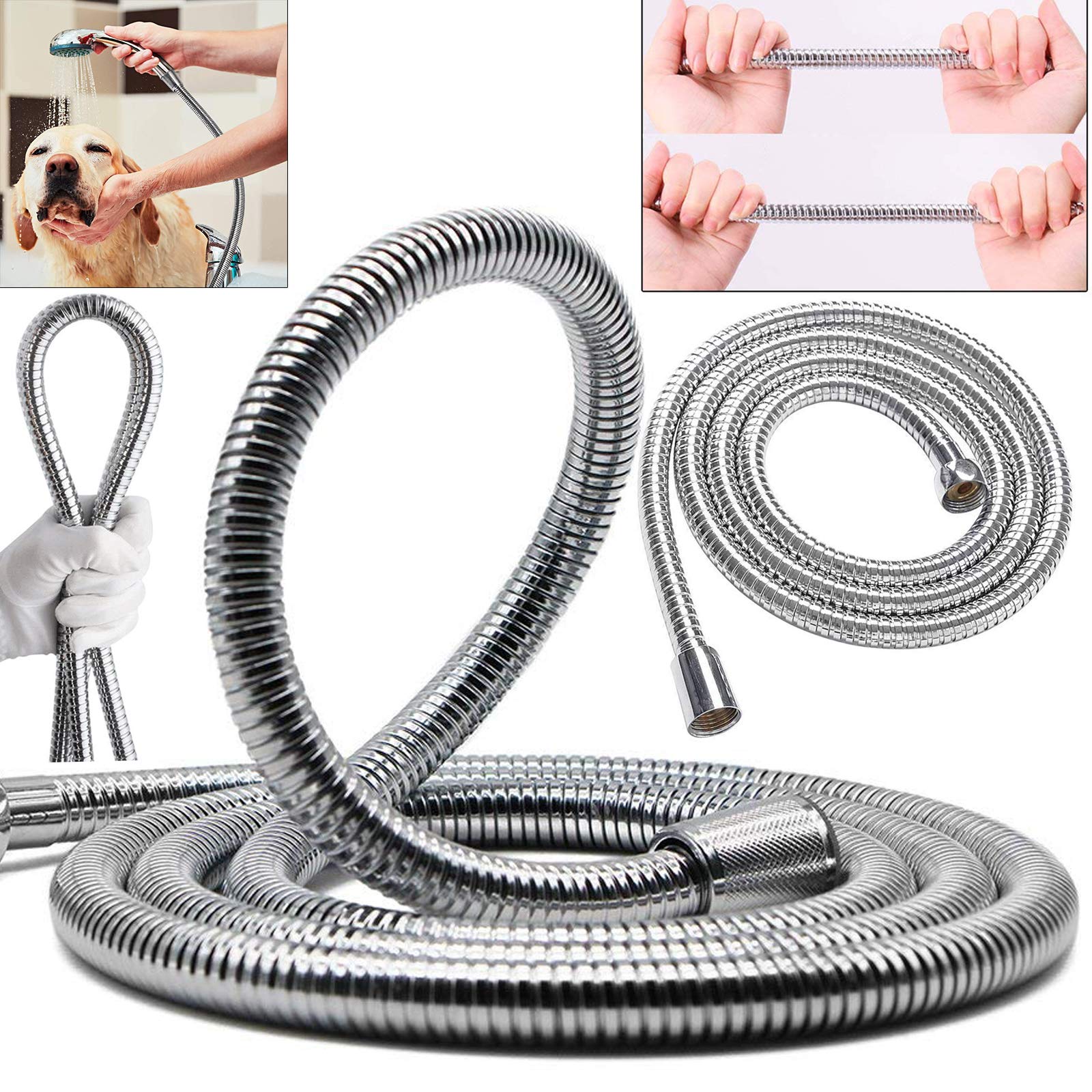 Safekom 2 Meter Stainless Steel Replacement Flexible Bathroom Bath Shower Hose Pipe Head Handheld with Clear Plastic Washers Set 2M