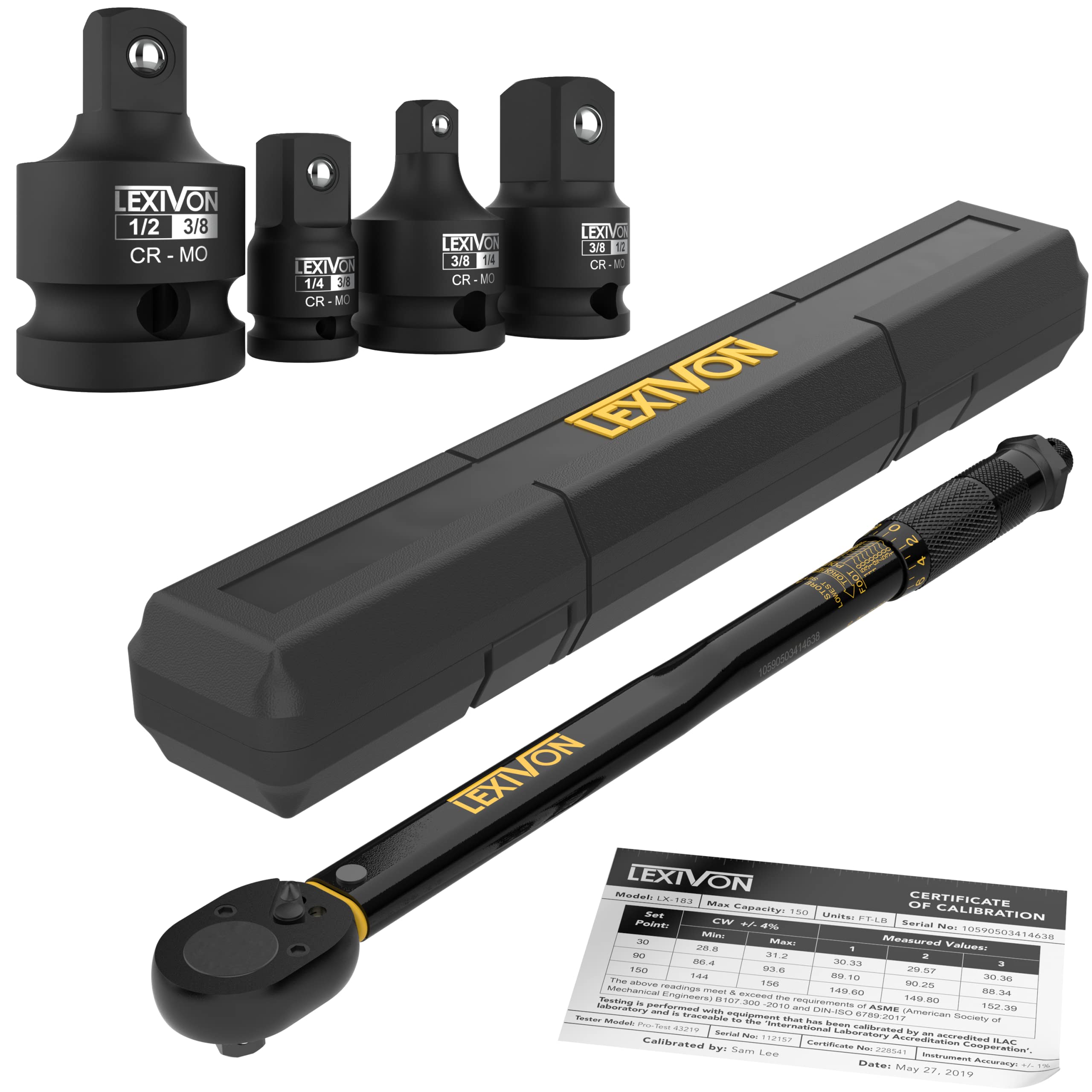 LEXIVON 1/2-Inch Drive Click Torque Wrench 10~150 Ft-Lb/13.6~203.5 Nm + Impact Socket Adapter and Reducer 4-Piece Set | 1/4" - 3/8" - 1/2"