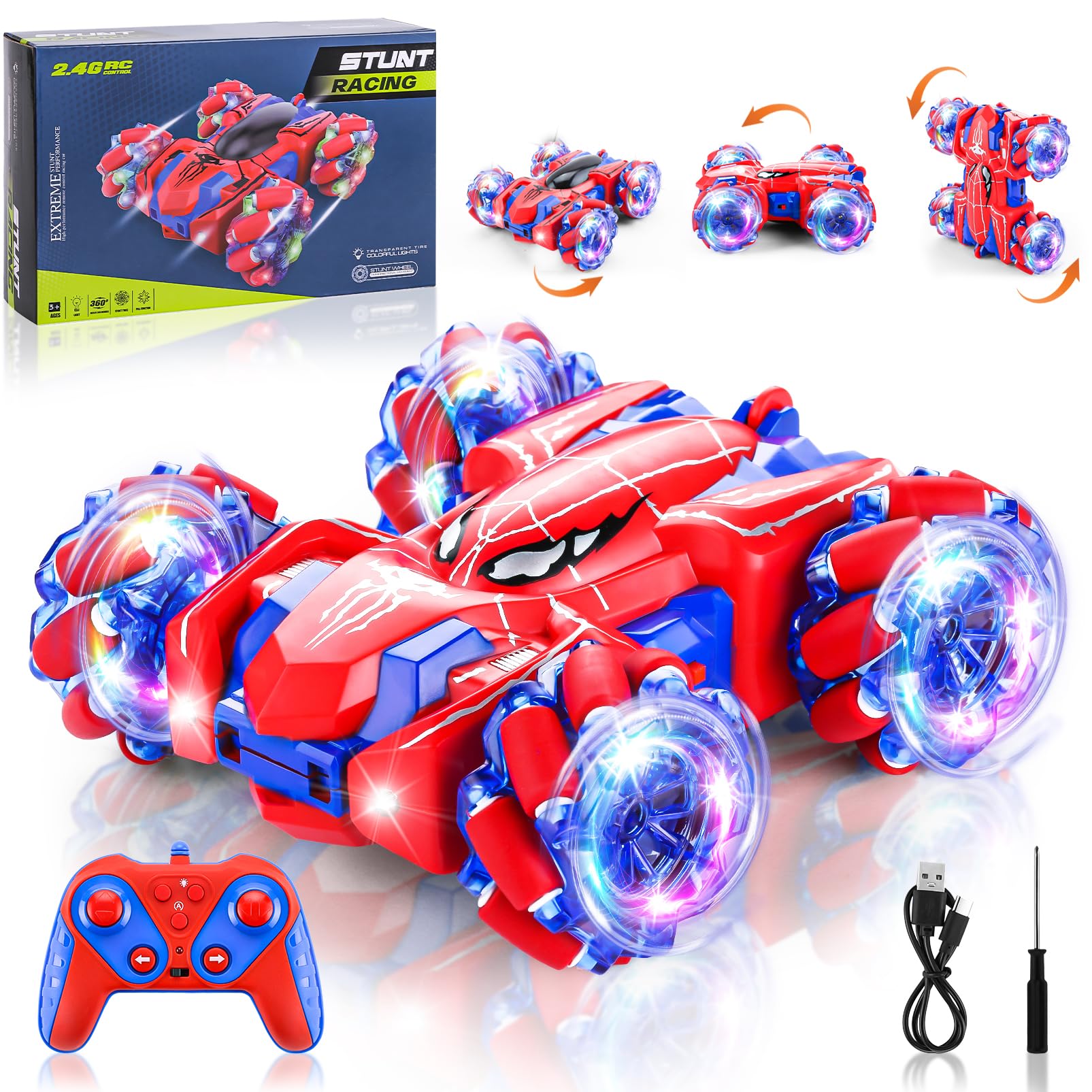 Spider Remote Control Car, 2.4Ghz RC Cars with Headlight Double Sided Off-Road 360° Rotating RC Drift Car, Rechargeable Indoor Outdoor 4WD RC Stunt Car Spider Toys for Boys 4-6 5-7 8-13