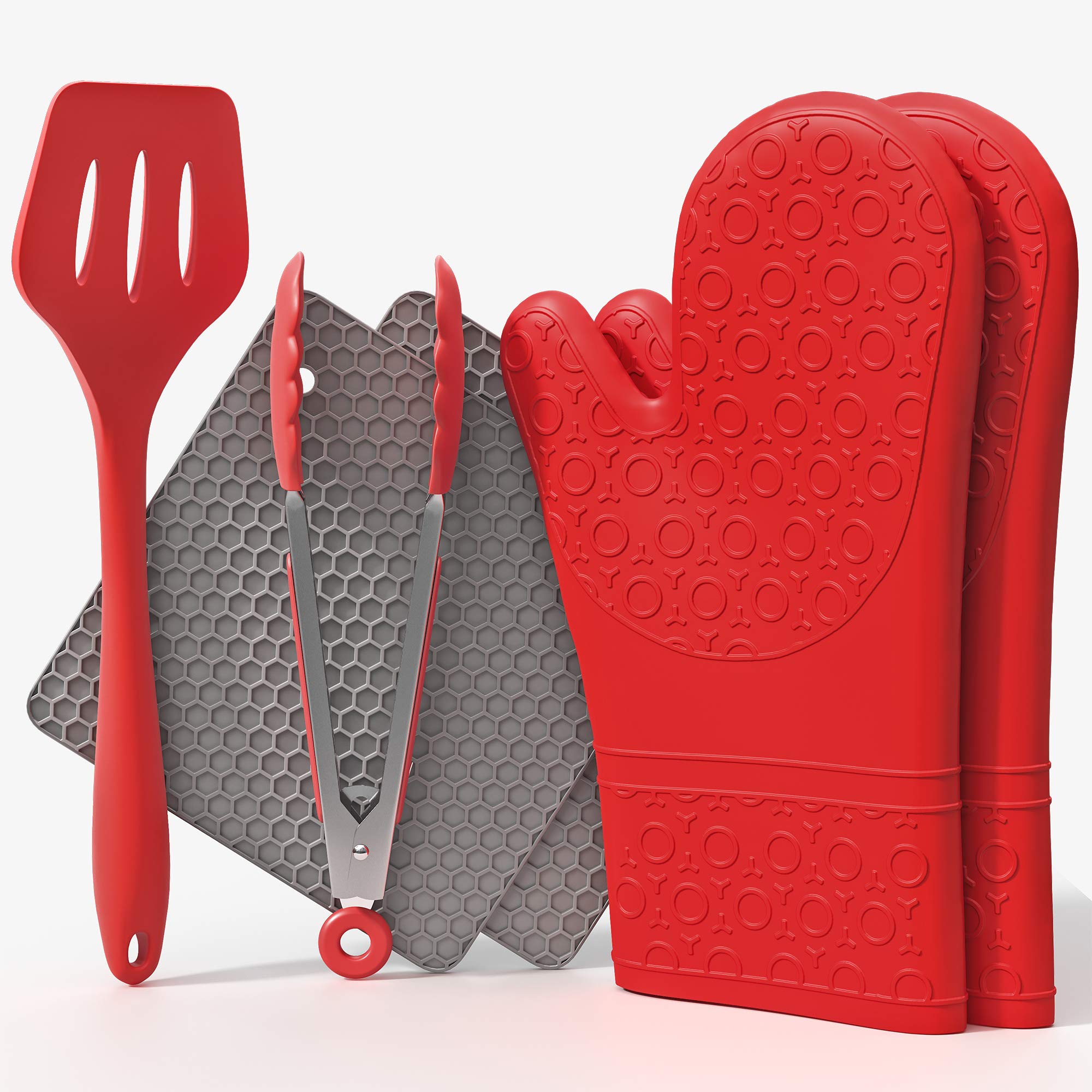 Silicone Oven Mitts and Potholders | Heat Resistant Non-Slip Textured Cooking Gloves | Silicone Trivet Mats for Safe Oven BBQ Kitchen Counter Hot Dishes or Pans (Red)