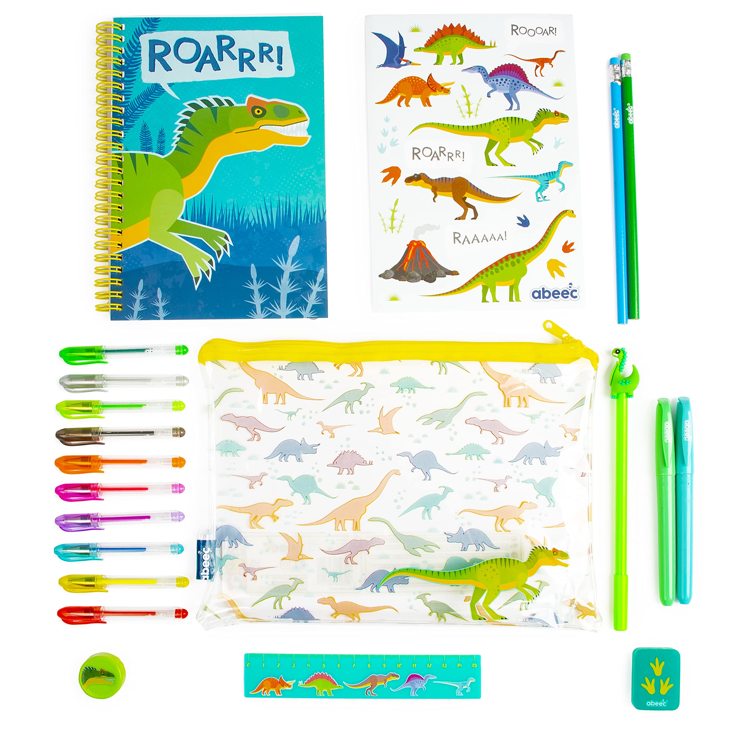 abeec Dinosaur Toys Stationary Set - Dinosaur Gifts - Clear Pencil Case Includes Dinosaur A5 Notebook, 10 Mini Gel Pens, 2 Pencils, 2 Highlighters and Dinosaur Stickers