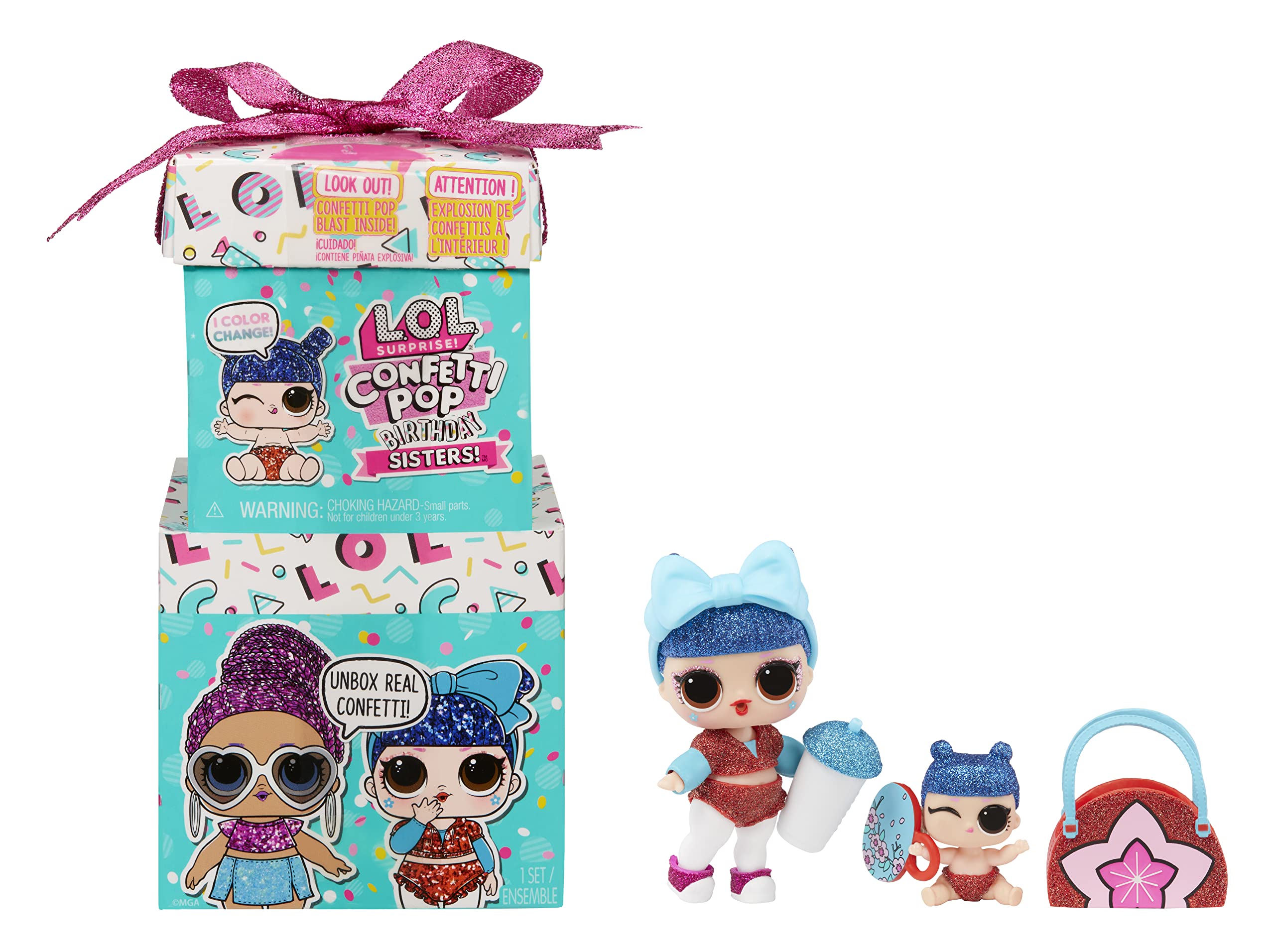 L.O.L. Surprise! Confetti Pop Birthday Sisters- with Collectible Doll, Lil Sister, 10 Surprises, Confetti Surprise unboxing, Accessories, Limited Edition Doll, Present Box Packaging