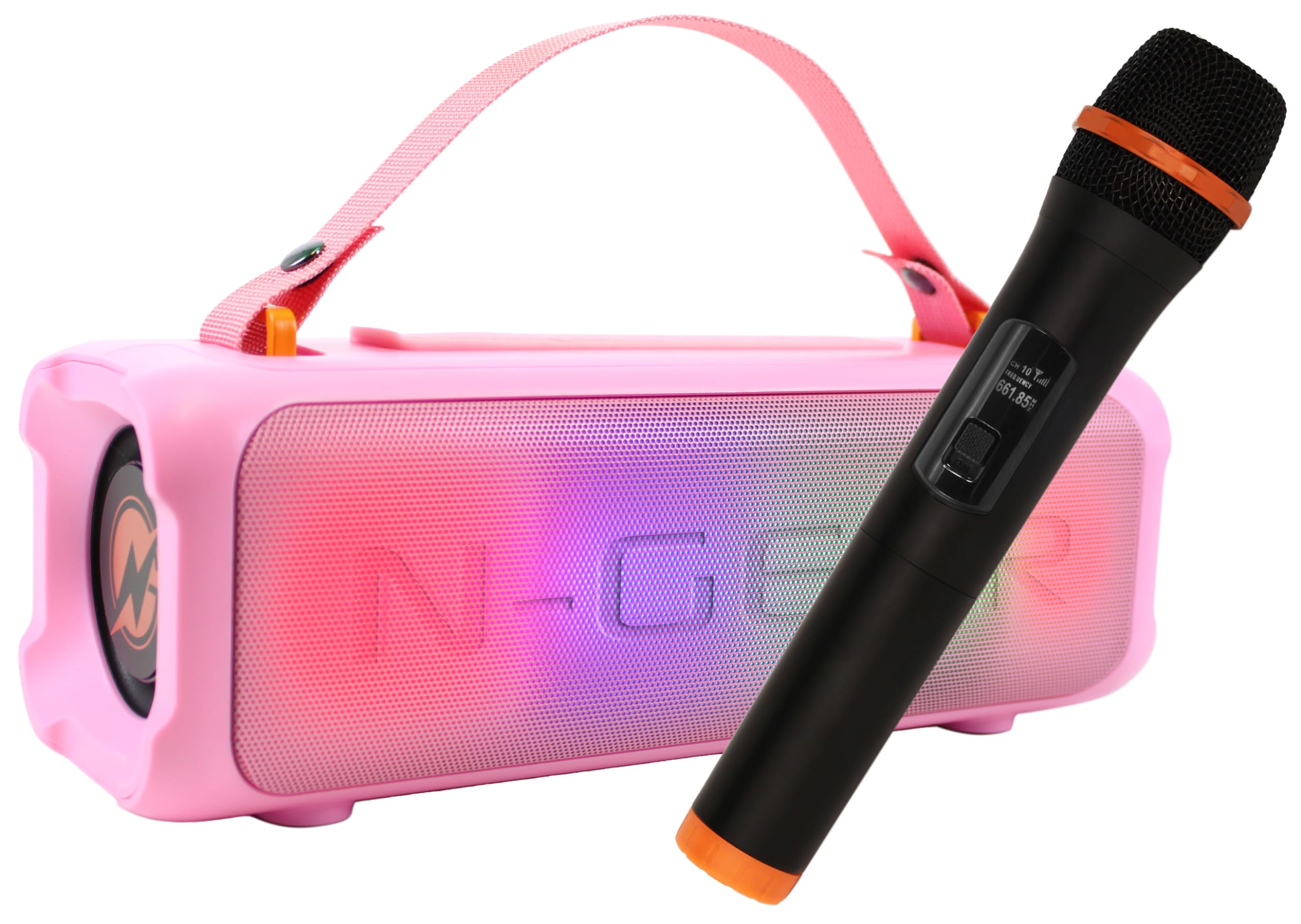 N-Gear Blazooka 703 Pink - Portable, Powerful Bluetooth Speaker - Wireless Microphone & Disco Light Included - 100 Watt Music Box and 5 Hours Playing Time