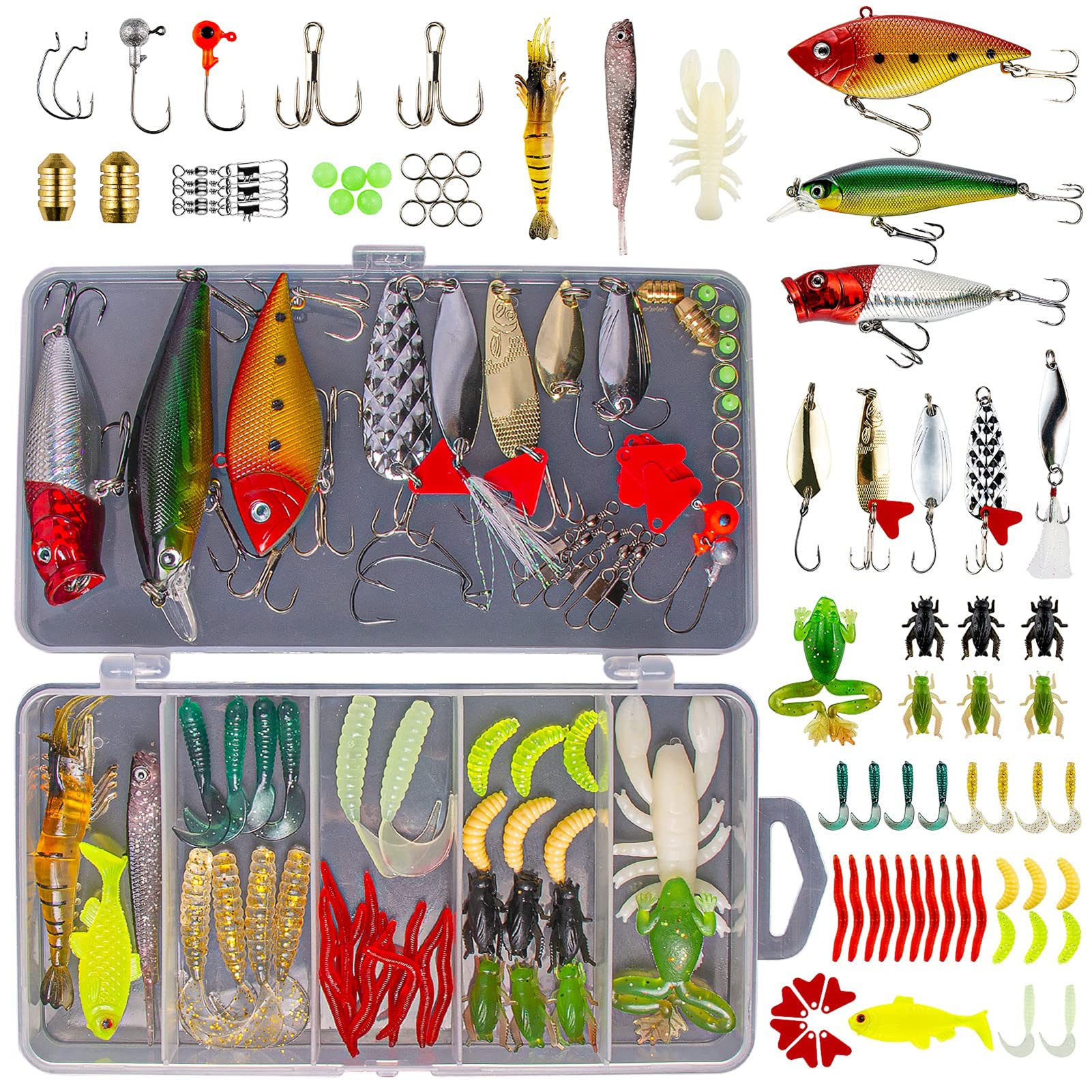 KASTWAVE Fishing Accessories, 78 Pcs for Freshwater Bait Tackle Kit for Bass Trout Salmon Fishing Accessories Tackle Box Including Spoon Lures Soft Plastic Worms Crankbait Jigs Fishing Hooks