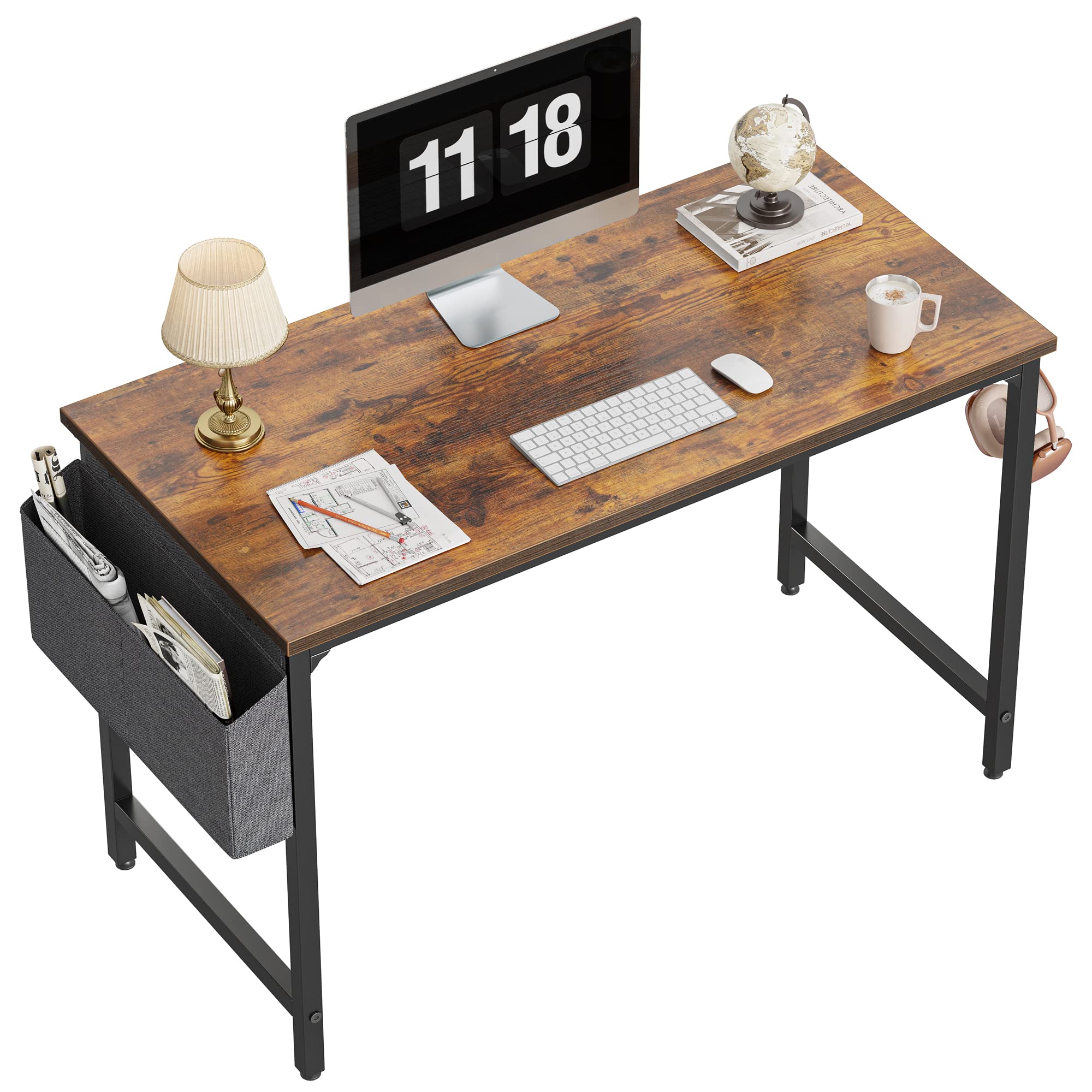 CubiCubiStudy Computer Desk 47" Home Office Writing Small Desk, Modern Simple Style PC Table, Black Metal Frame, Rustic Brown