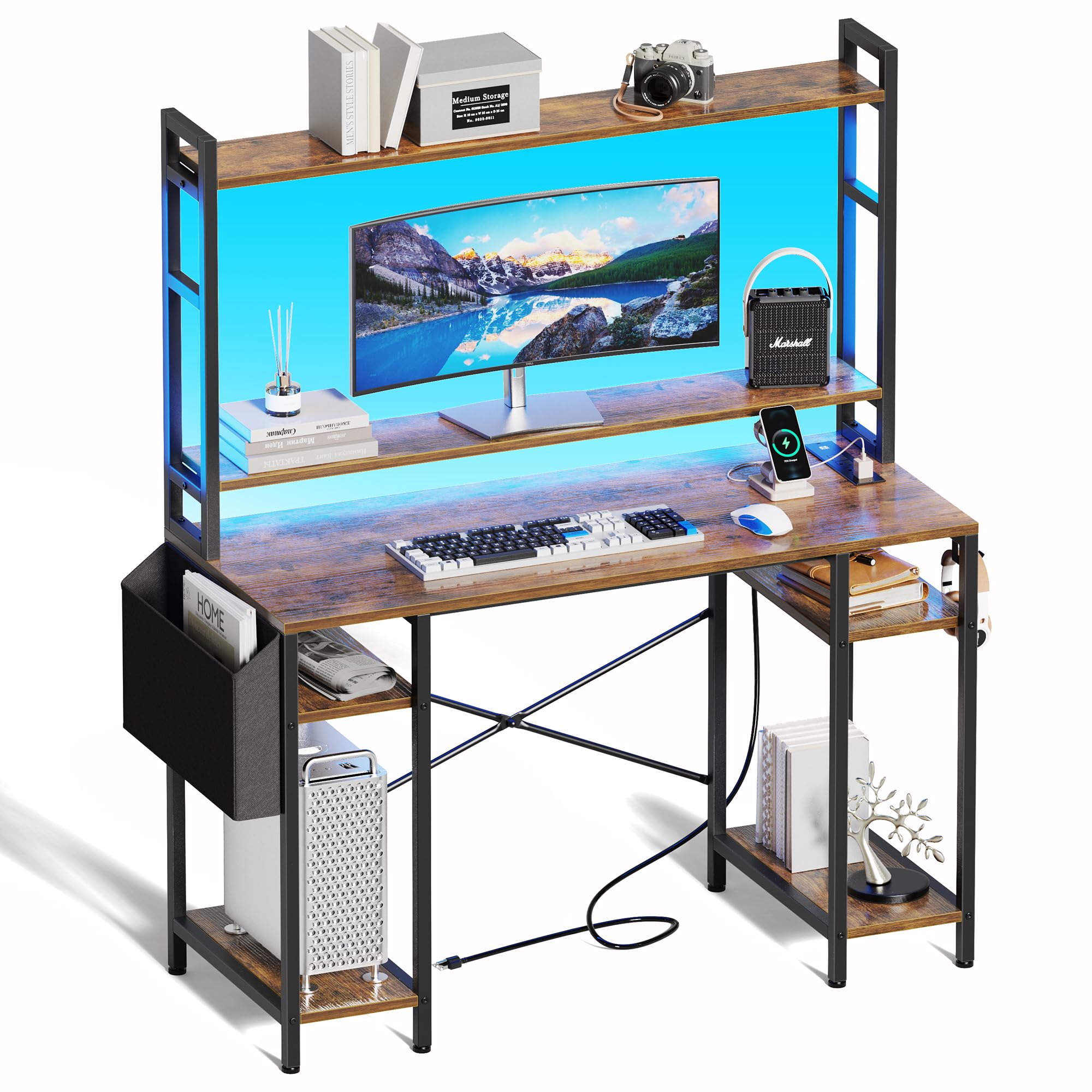 47 inch Computer Desk with Adjustable Shelves, Gaming Desk with LED Lights & Power Outlets, Home Office Desk with Monitor Stand, Hooks & CPU Stand, Rustic Brown