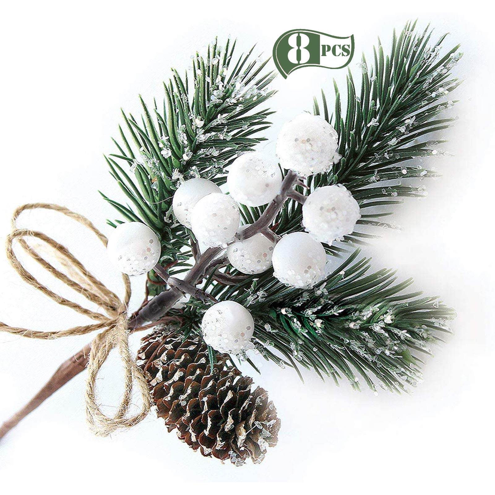 FUTERLY 10 Pcs Christmas Berries Pine Cones for DIY Crafts-Christmas Tree Picks Spray Evergreen Artificial Pine Branches Holly Stem,Christmas Decorations,Gift Wrap Embellishment (White)