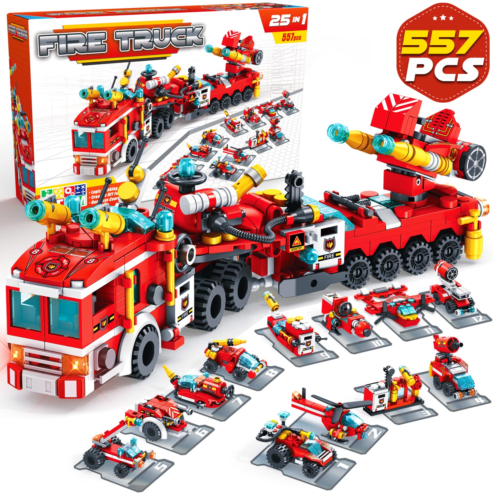 InnorockConstruction Building Toys for Kids - 25 in 1 Fire Truck Boat Helicopter Car Toy Building Blocks Model Kit Educational STEM Activities Gifts for Boys Girls Teen Age 6 7 8 9 10 11 Year Old