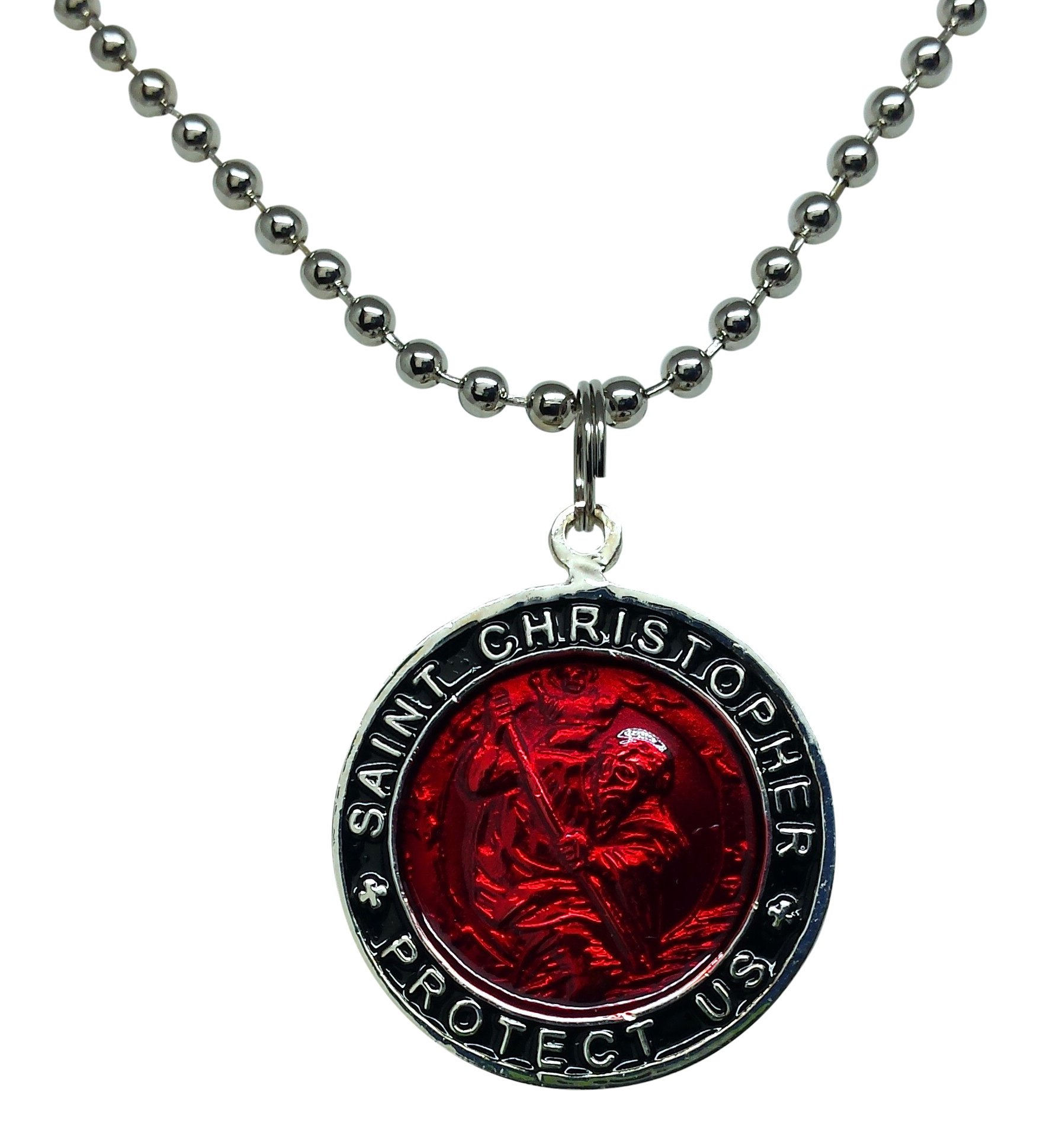 Baja Billys Ocean Creations St. Christopher Surfer Necklace, Large Pendant, Red with Black Rim, 23 Inches