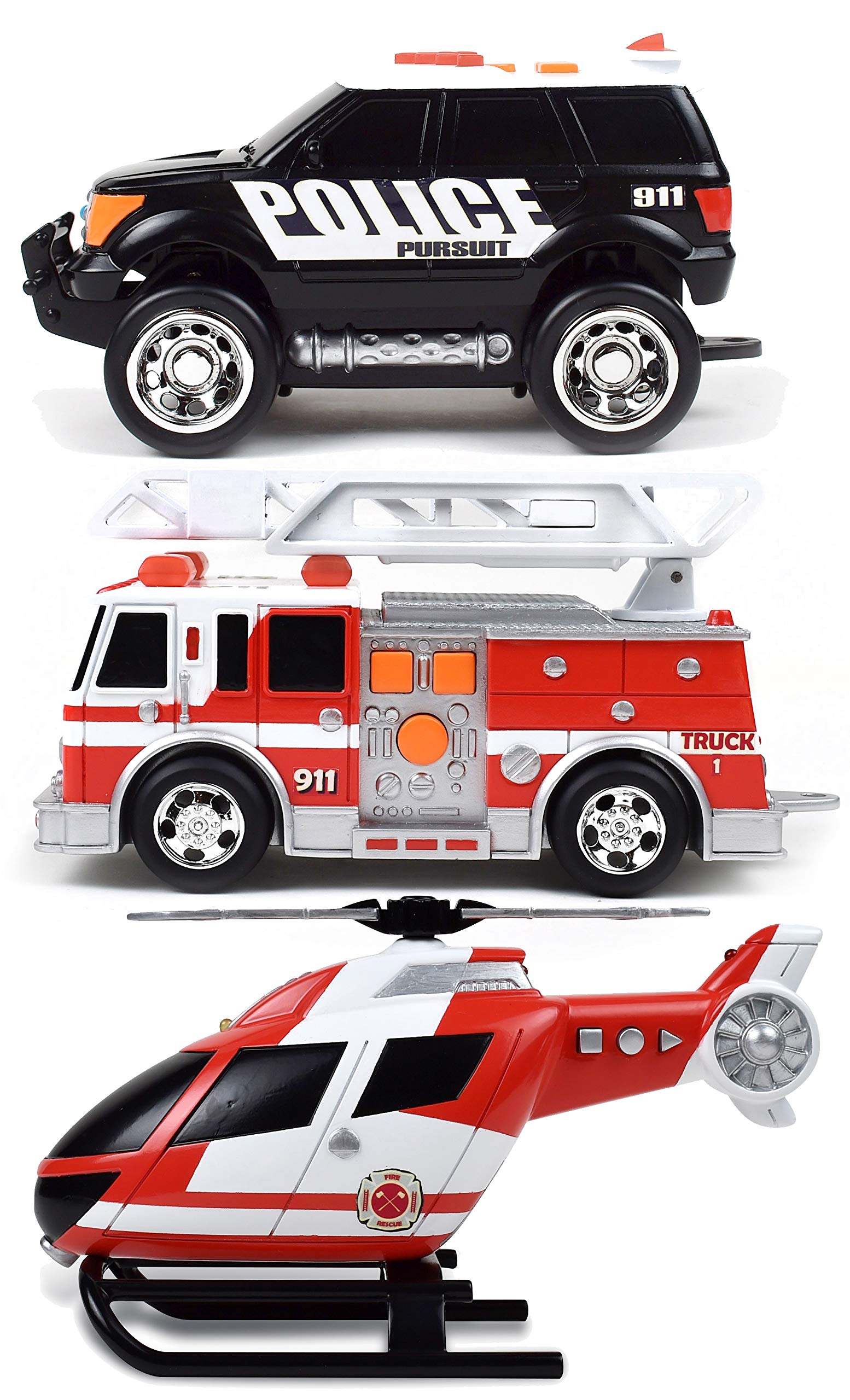 Sunny DaysEntertainment Mini Rescue Vehicles 3 Pack – Lights and Sounds Pull Back Toy Vehicle with Friction Motor | Includes Police SUV Fire Truck and Helicopter – Maxx Action