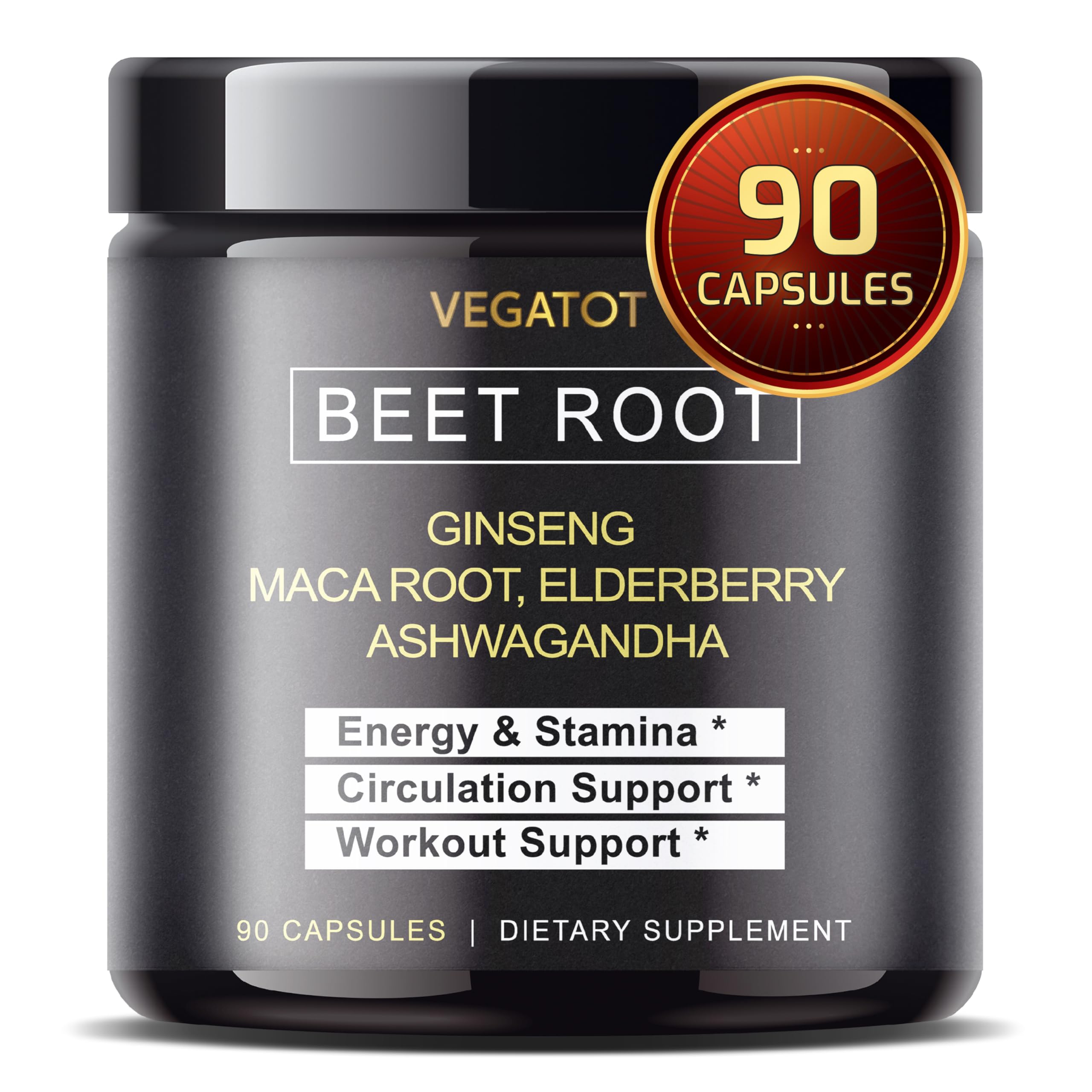 VEGATOT Beet Root 𝟵,𝟬𝟬𝟬𝗠𝗚 *USA Made and Tested* Concentrated Extract with Ginseng Maca Root Ashwagandha - Energy Stamina Immune Support (90 Count (pack of 1))