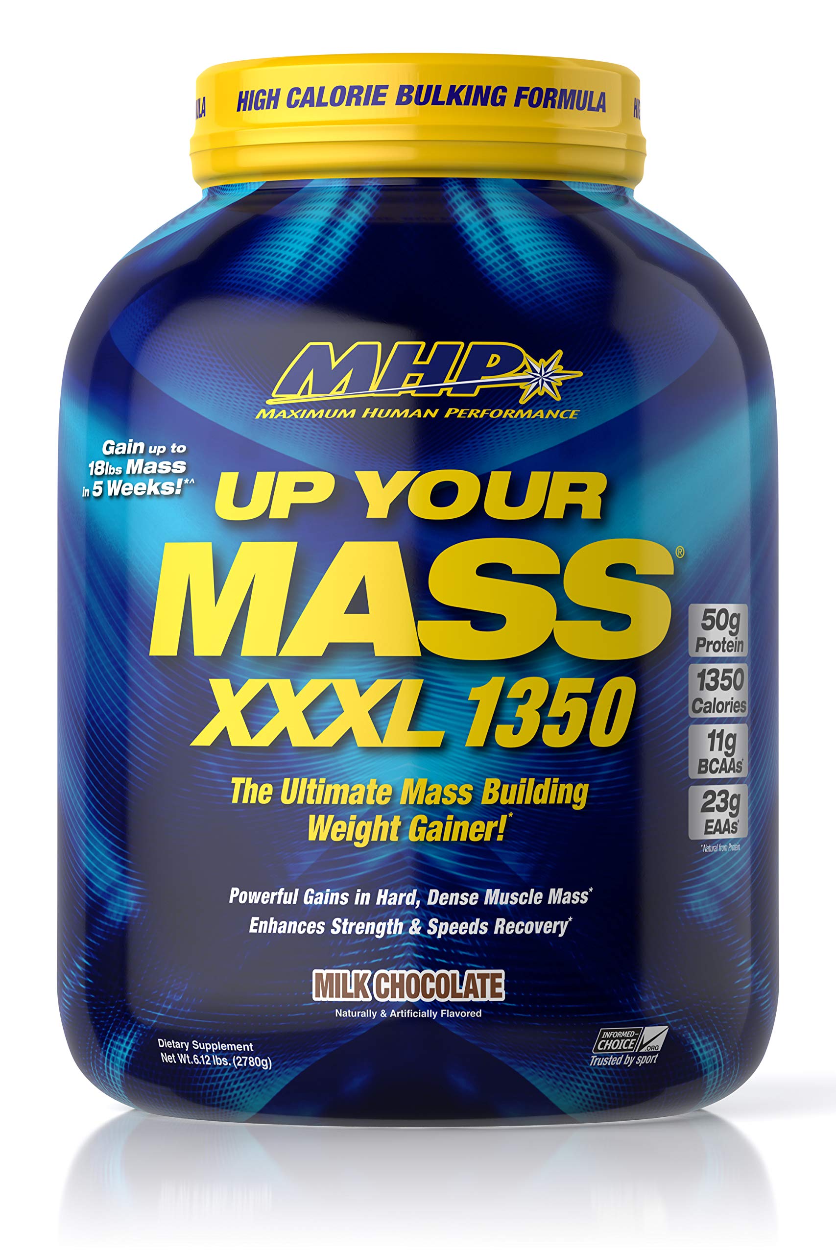 Maximum Human PerformanceMHP UYM XXXL 1350 Mass Building Weight Gainer, Muscle Mass Gains, w/50g Protein, High Calorie, 11g BCAAs, Leucine, Milk Chocolate, 8 Servings