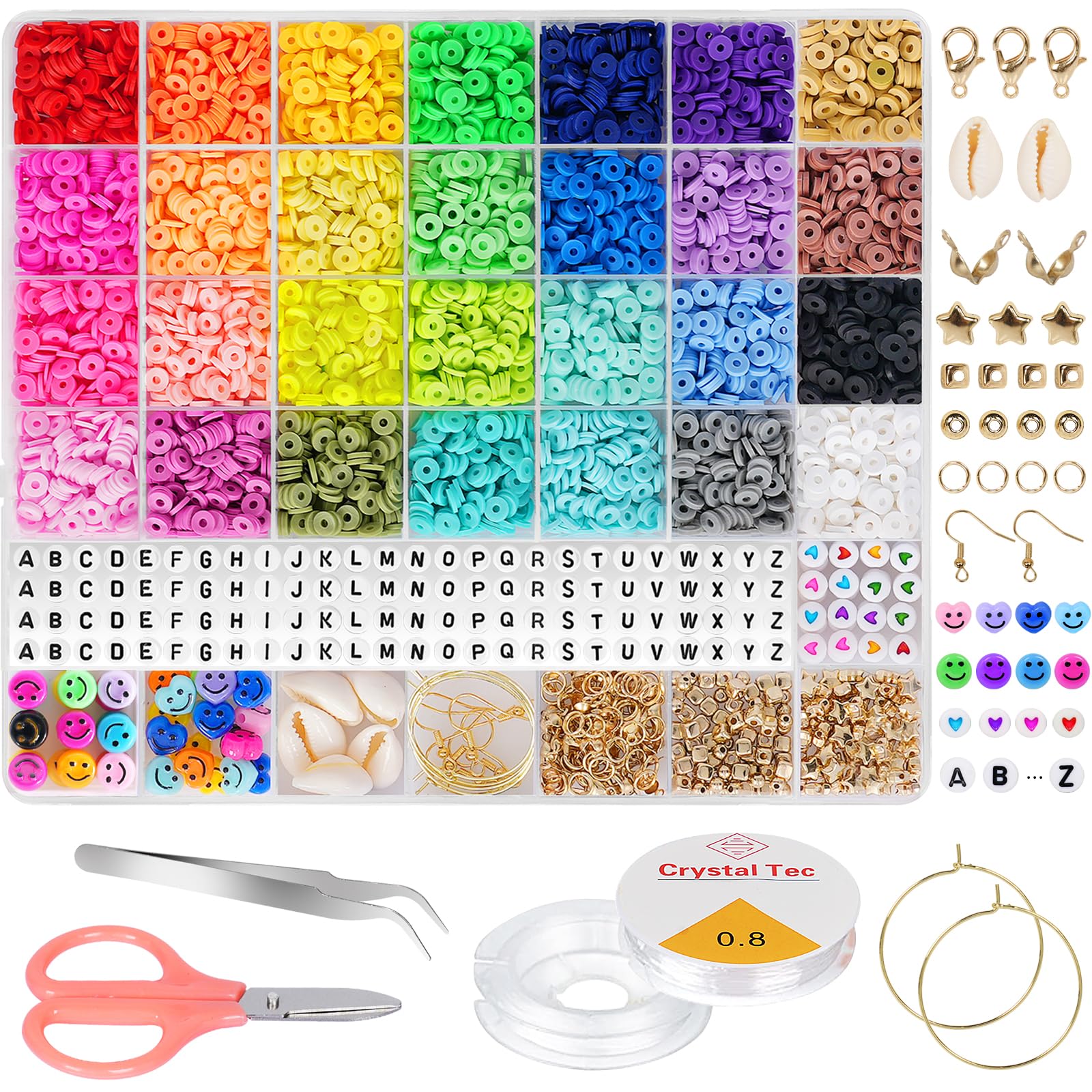 MoyofreeMoyofree 6380Pcs Clay Beads Kit, 28 Colors Flat Round Polymer Clay Beads for Jewelry Making, 6mm Heishi Clay Spacer Beads for Friendship Bracelet Necklace Earring DIY with Letter Beads