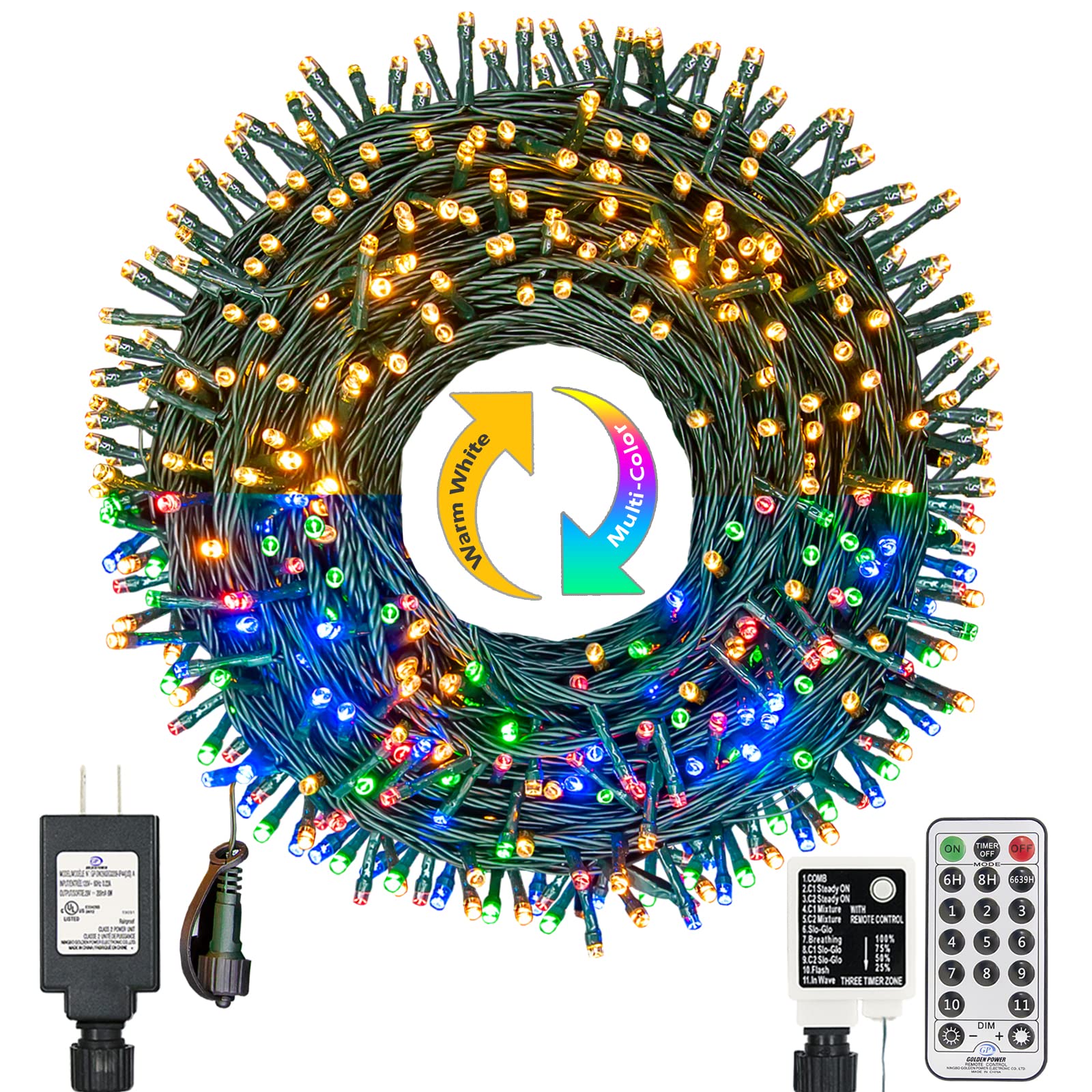 Christmas Lights 300 LED 108FT Color Changing Christmas Tree Lights with Warm White & Multicolor, 11 Modes Waterproof and Connectable Christmas String Lights with Remote for Xmas Decorations