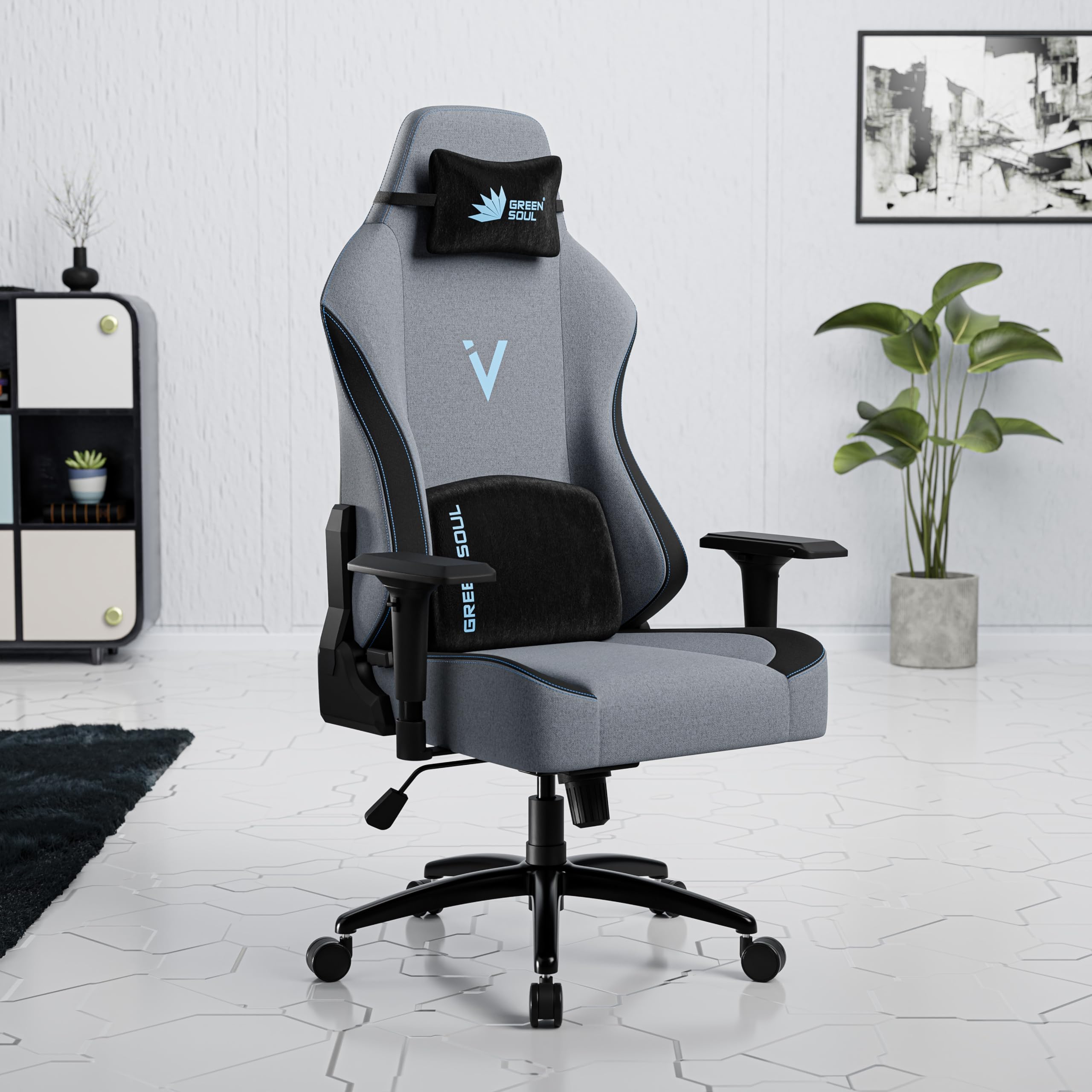 Green SoulVision Multi-Functional Ergonomic Gaming Chair, Premium Fabric Chair with Adjustable Neck & Lumbar Pillow, 4D Adjustable Armrests & Heavy Duty Metal Base (Slate)