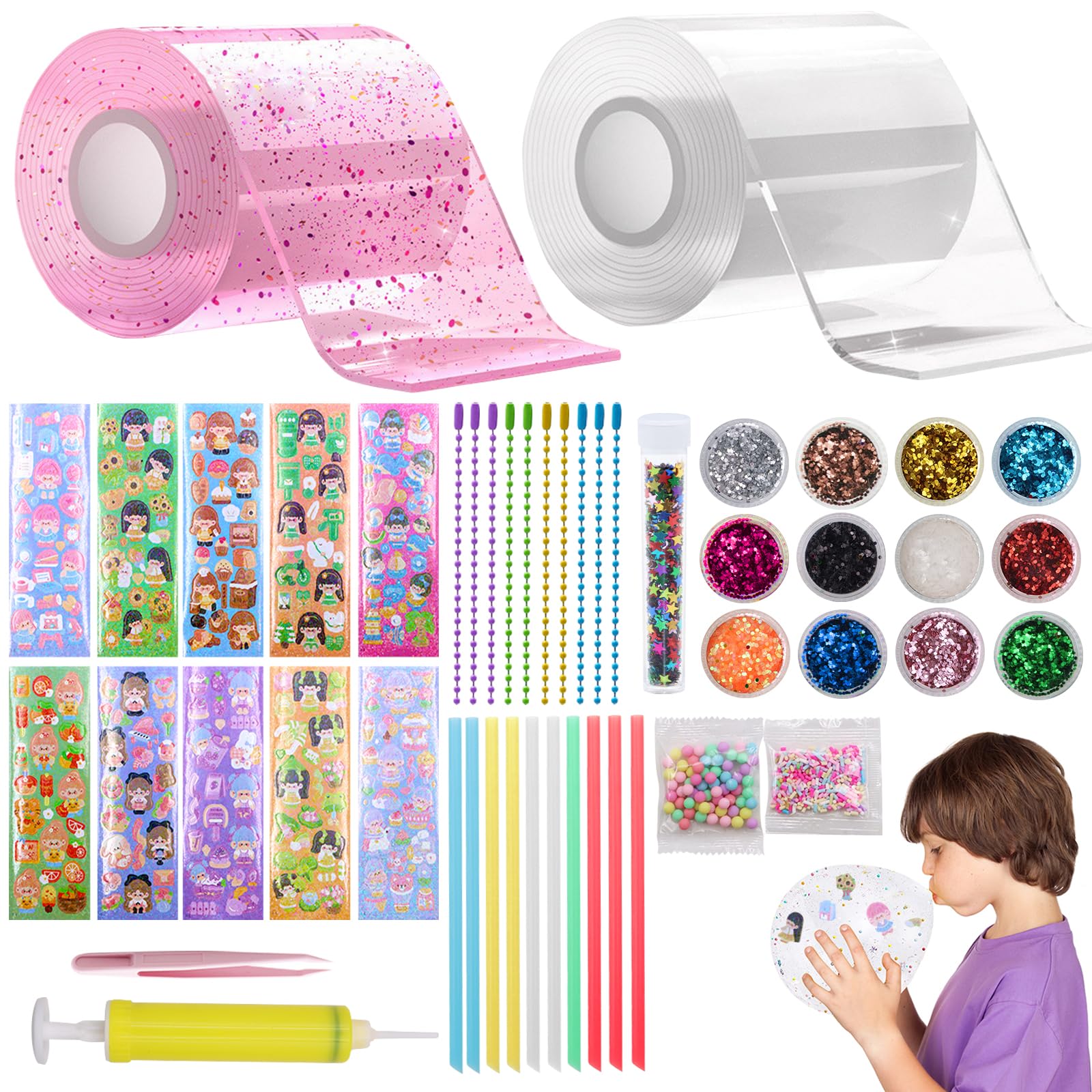 ZOCONE 49 Pcs Glitter Nano Tape Bubbles Kit, DIY Nano Tape Kit for Kids, 3m x 5cm x 1mm Craft Kits Nano Tape Bubble Kit, Creative Kids Nano Tape Set for Girls Boys, Nano Bubble Kit (Pink)