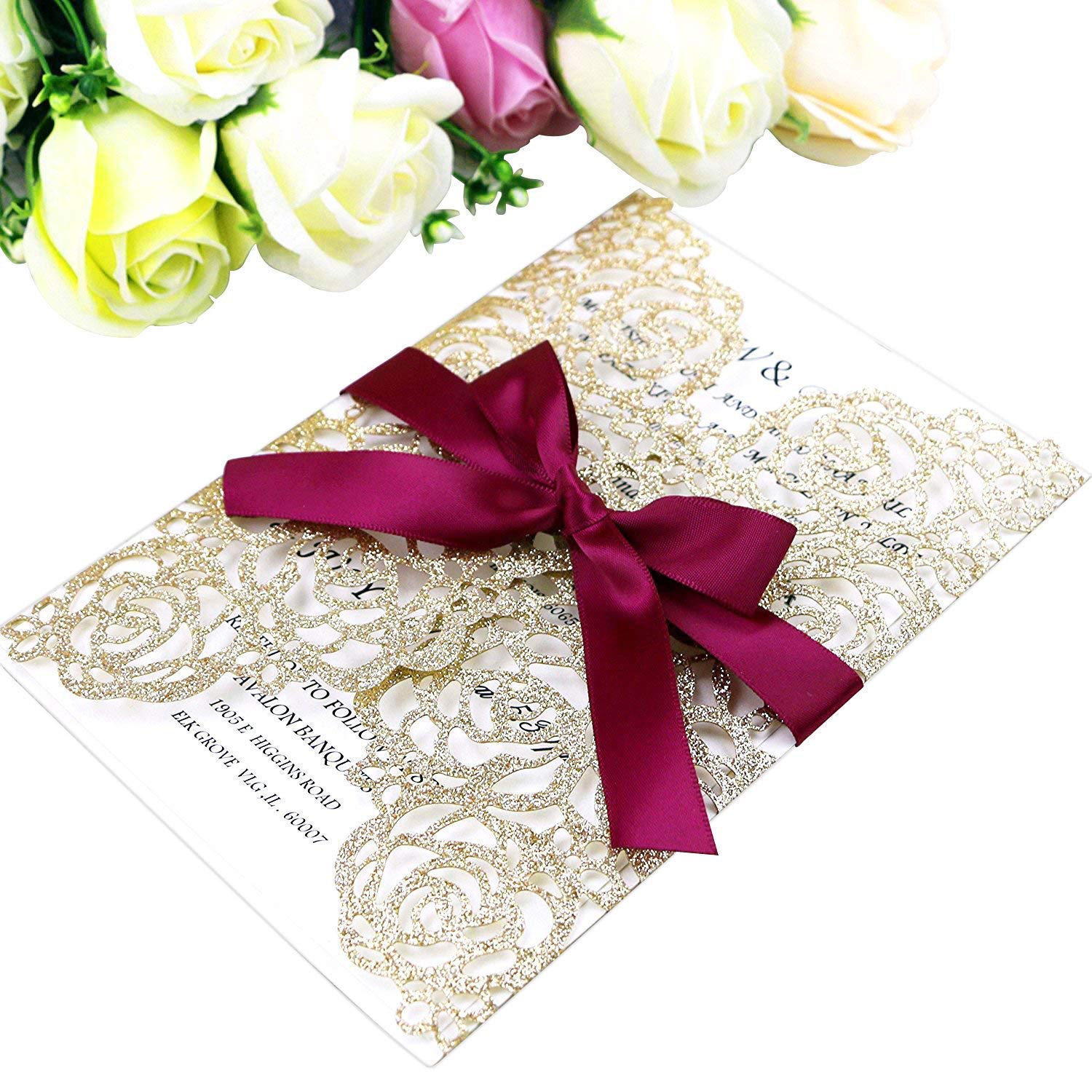 ponatia25PCS Hollow Rose Laser Cut Wedding Invitations Cards with Envelopes, Printable Paper with Burgundy Ribbons For Wedding Bridal Shower Engagement Sweet 16 Birthday Invite (Gold Glitter)