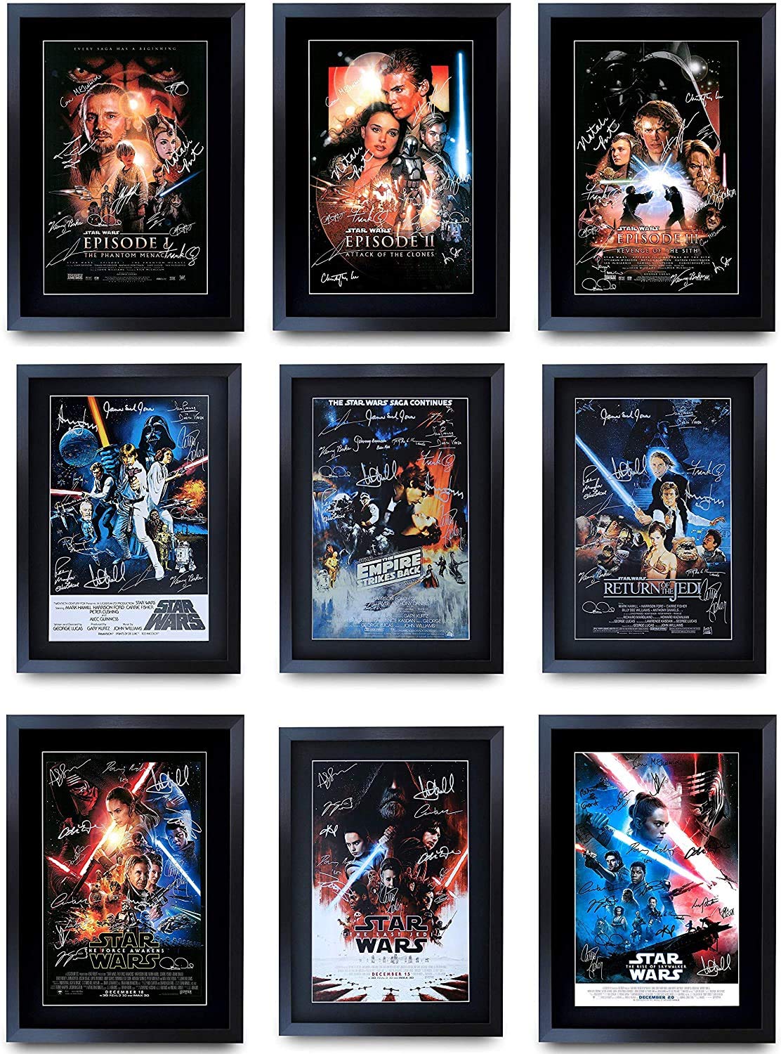 HWC Trading A3 FR Star Wars Complete Saga Movie Poster Collection Cast Signed Gift Framed Printed Ford Hamill Fisher Portman Ridley McGregor Gifts Print Photo Picture Display