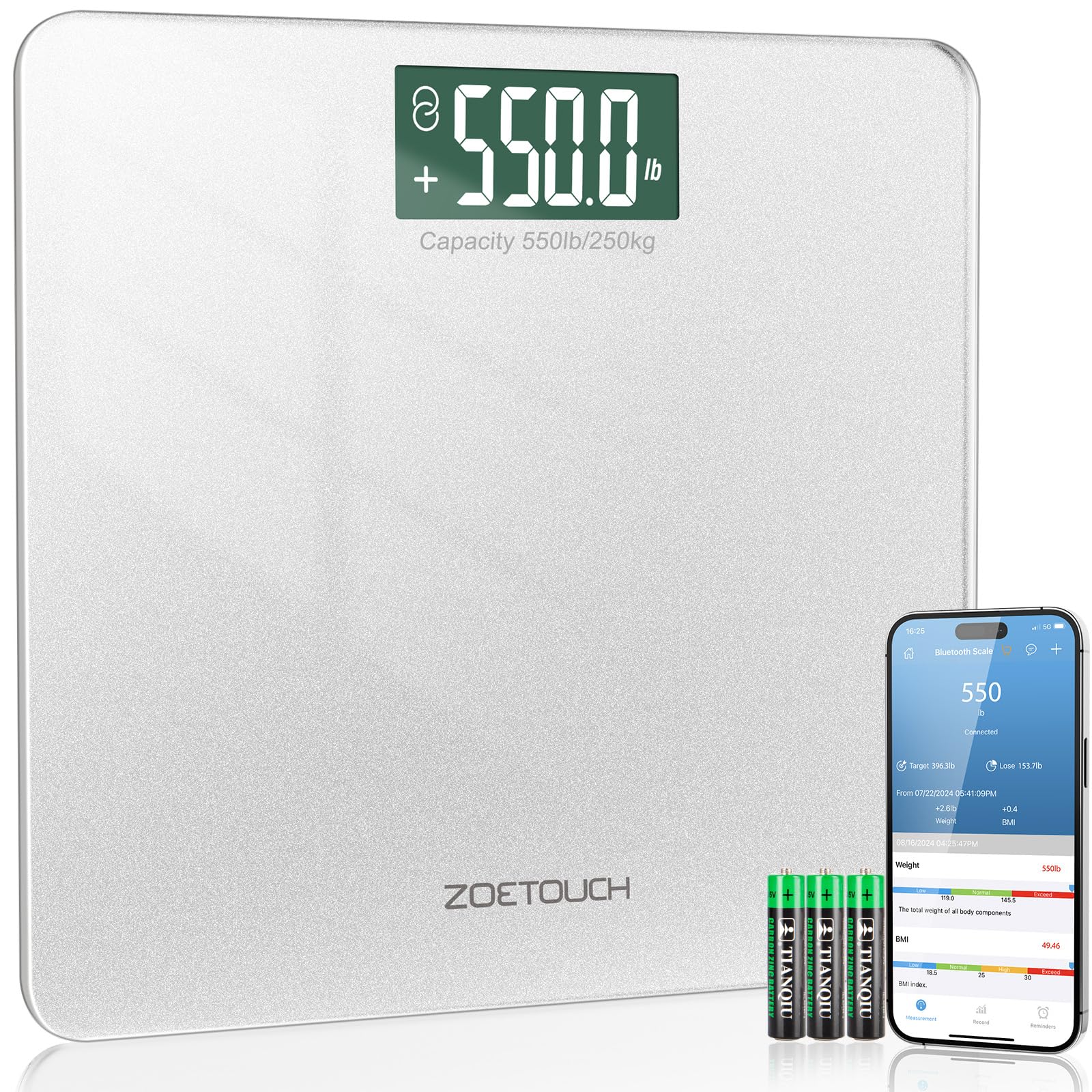 ZOETOUCH550lb Digital Bathroom Scale for Body Weight with BMI and Beep Sound, Bluetooth Weighing Scales Over 500lb Work with Smart APP, Extra High Capacity with Large LCD Display Wide Platform