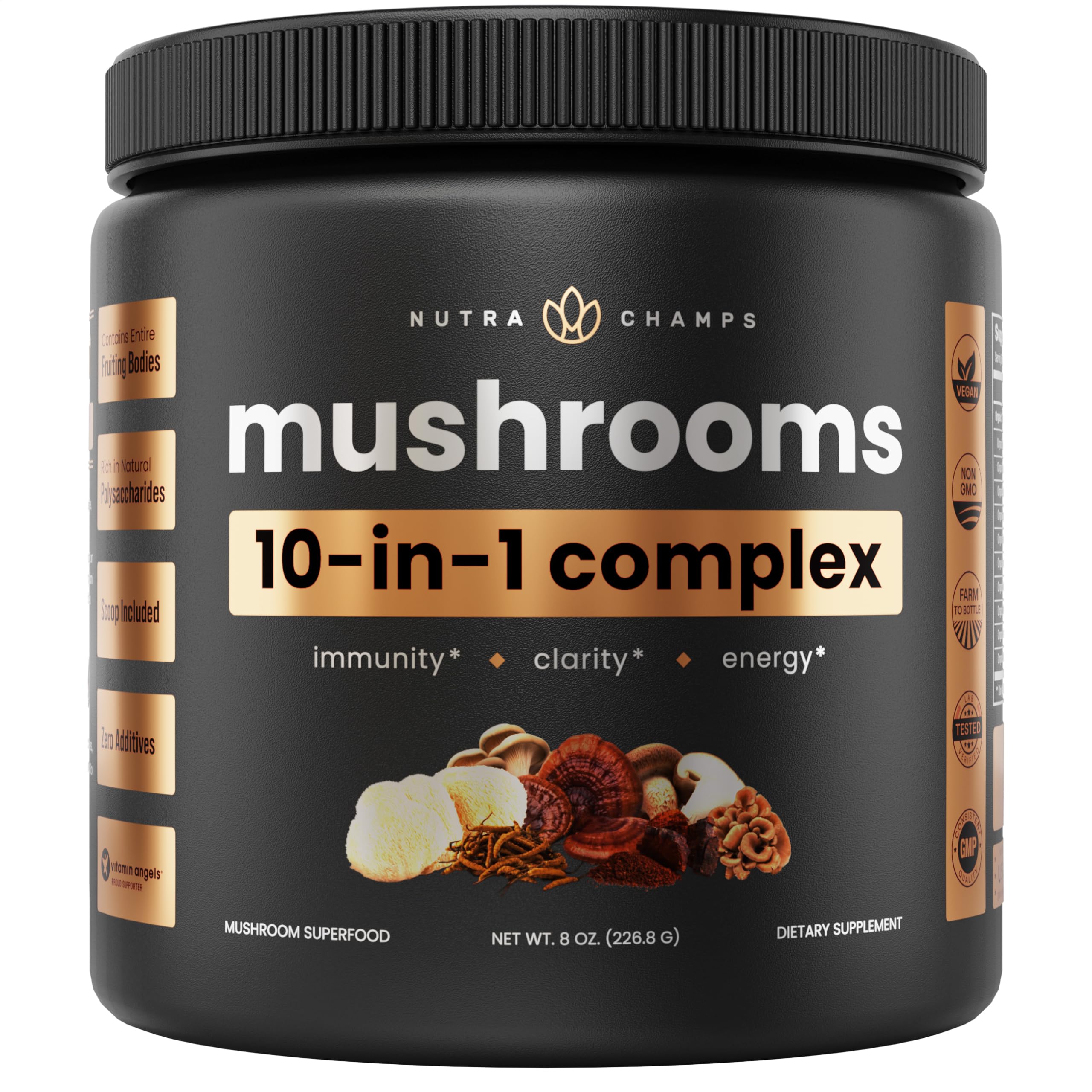 Organic Mushroom Powder - 10-in-1 Complex - Lions Mane, Reishi, Shiitake, Chaga, Turkey Tail, Cordyceps, Maitake & More - Mushroom Supplement Powder Blend for Memory, Focus & Immune Support - 8oz