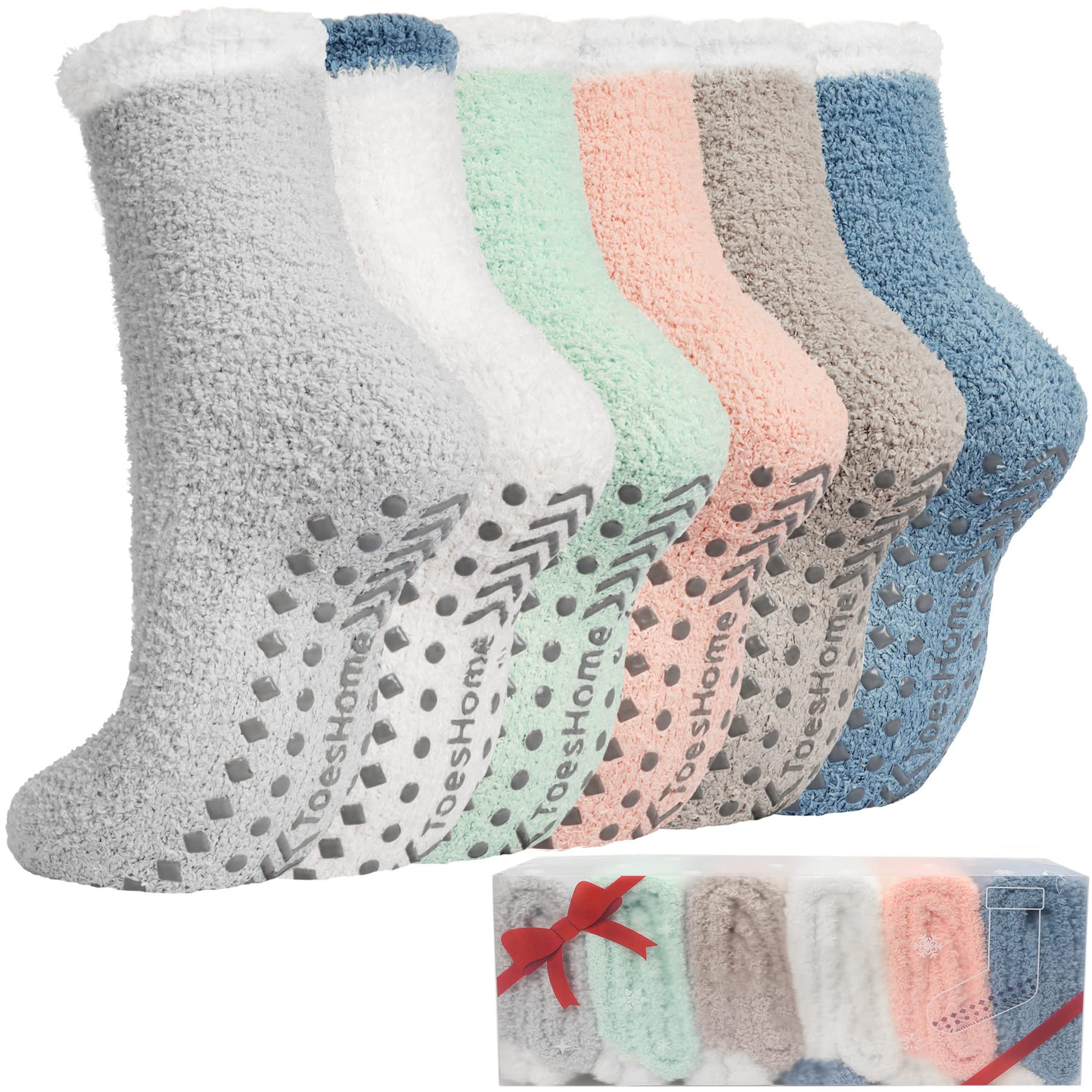 Toes HomeFuzzy Socks for Women with Grips Warm Fluffy Slipper Socks Non Slip Cozy Winter Thick Plush Hospital Home Socks