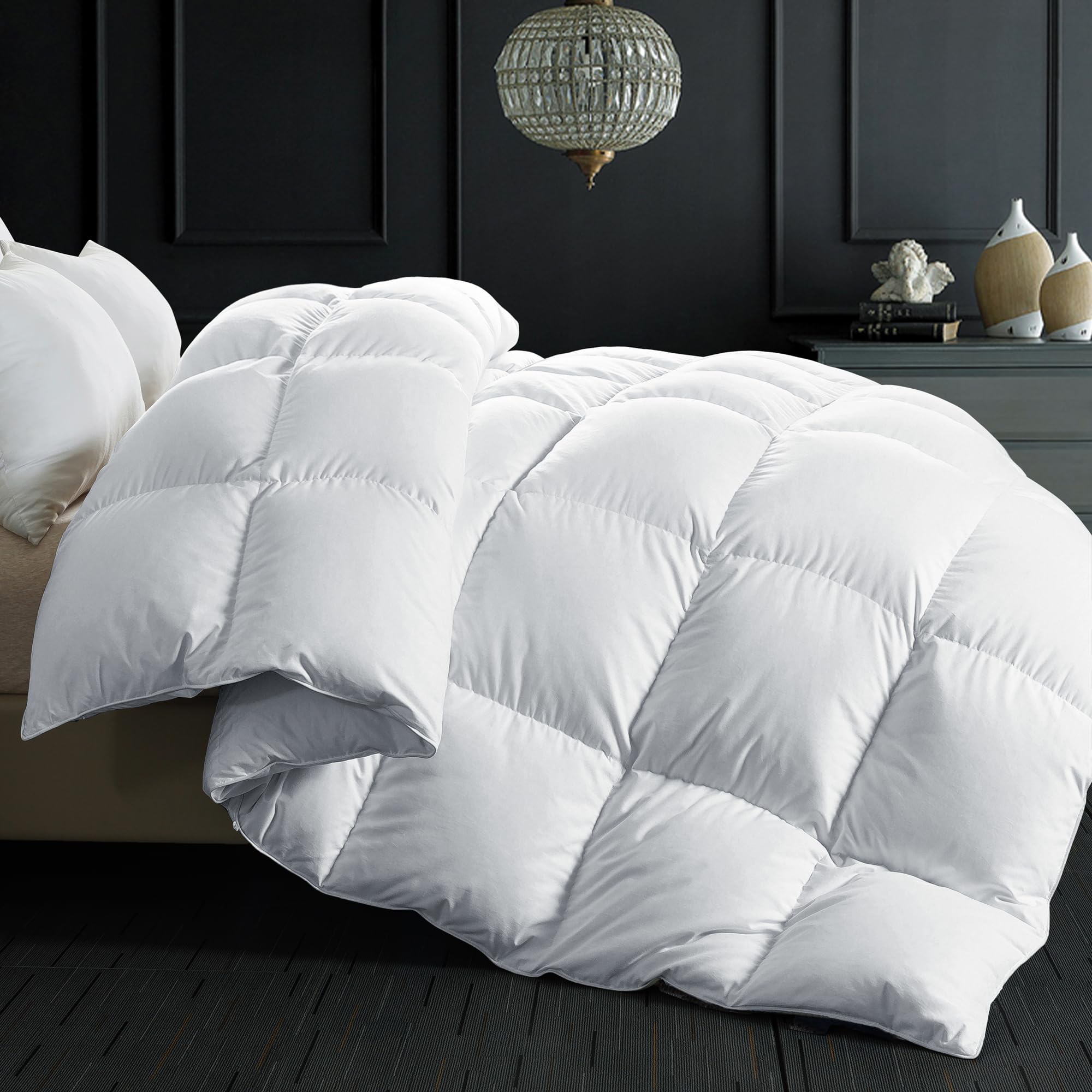 ELNIDO QUEEN Goose Feather Down Comforter Queen Size - All Season White Down Duvet Insert - Luxurious Fluffy Hotel Style Bedding Comforter - Ultra Soft 100% Cotton Cover - Queen (90x90 Inch)