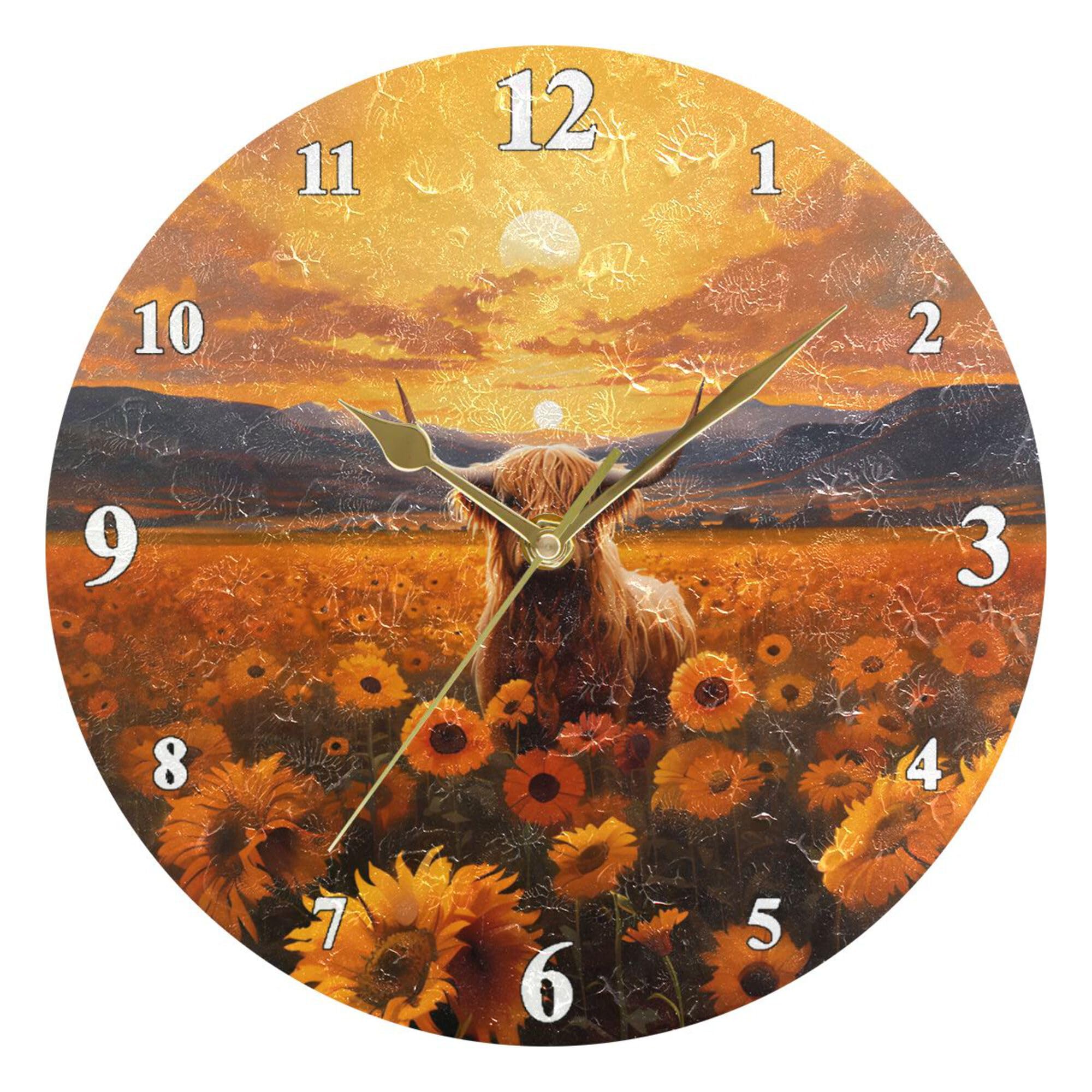 JIPONI Highland Cow and Sunflowers Wall Clock Silent Non-Ticking, 9.8 Inch Round Clocks Decorative for Living Room Kitchen Bedroom Office, Gold