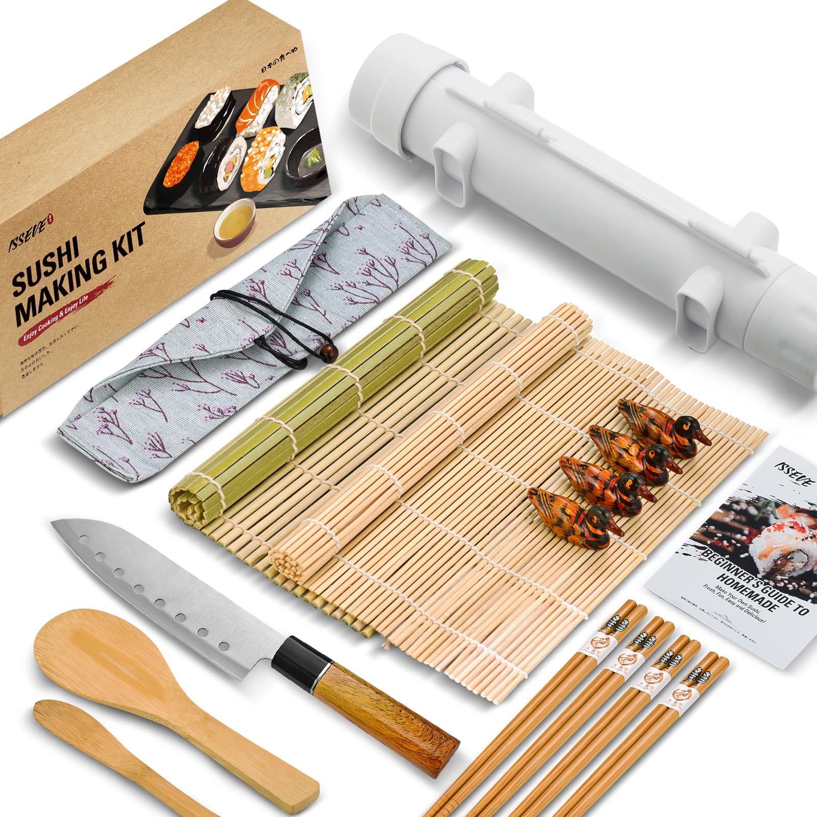 ISSEVE Sushi Making Kit, Bamboo Sushi Mat, All In One Sushi Bazooka Maker With Bamboo Mats, Bamboo Chopsticks, Paddle, Spreader, Sushi Knife, Chopsticks Holder, Cotton Bag, Diy Sushi Roller Machine