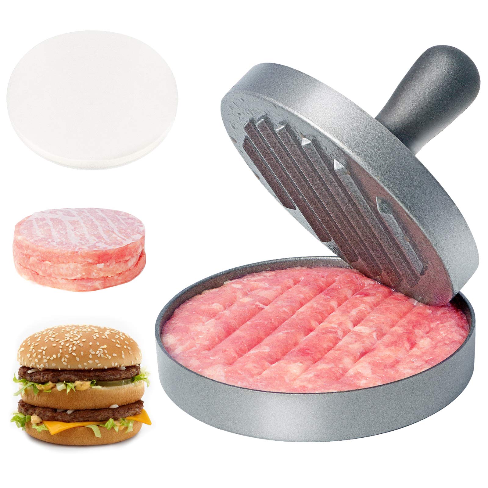 Hamburger Press Patty Maker, Food Grade Aluminum Burger Press with ABS Handle, Non-Stick, Easy to Clean, with 50 Pcs Wax Patty Paper, 4.6" Diameter and 0.7" Depth