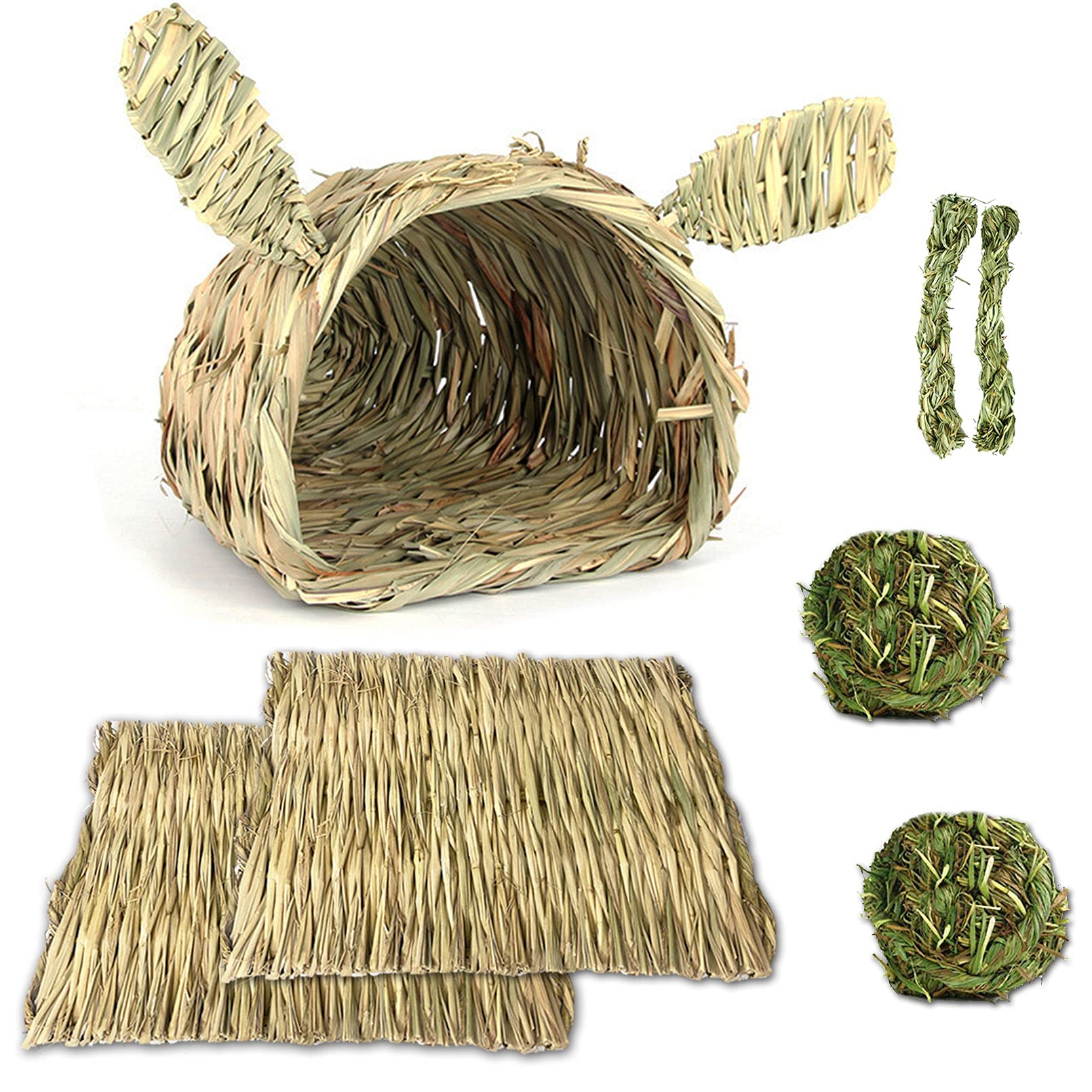 kathson Bunny Grass House Chew Toys Baby Rabbit Hideaway Hut Small Animals Grass Hideout Hand Woven Natural Grass Bedding for Guinea Pig Hamster Chinchilla