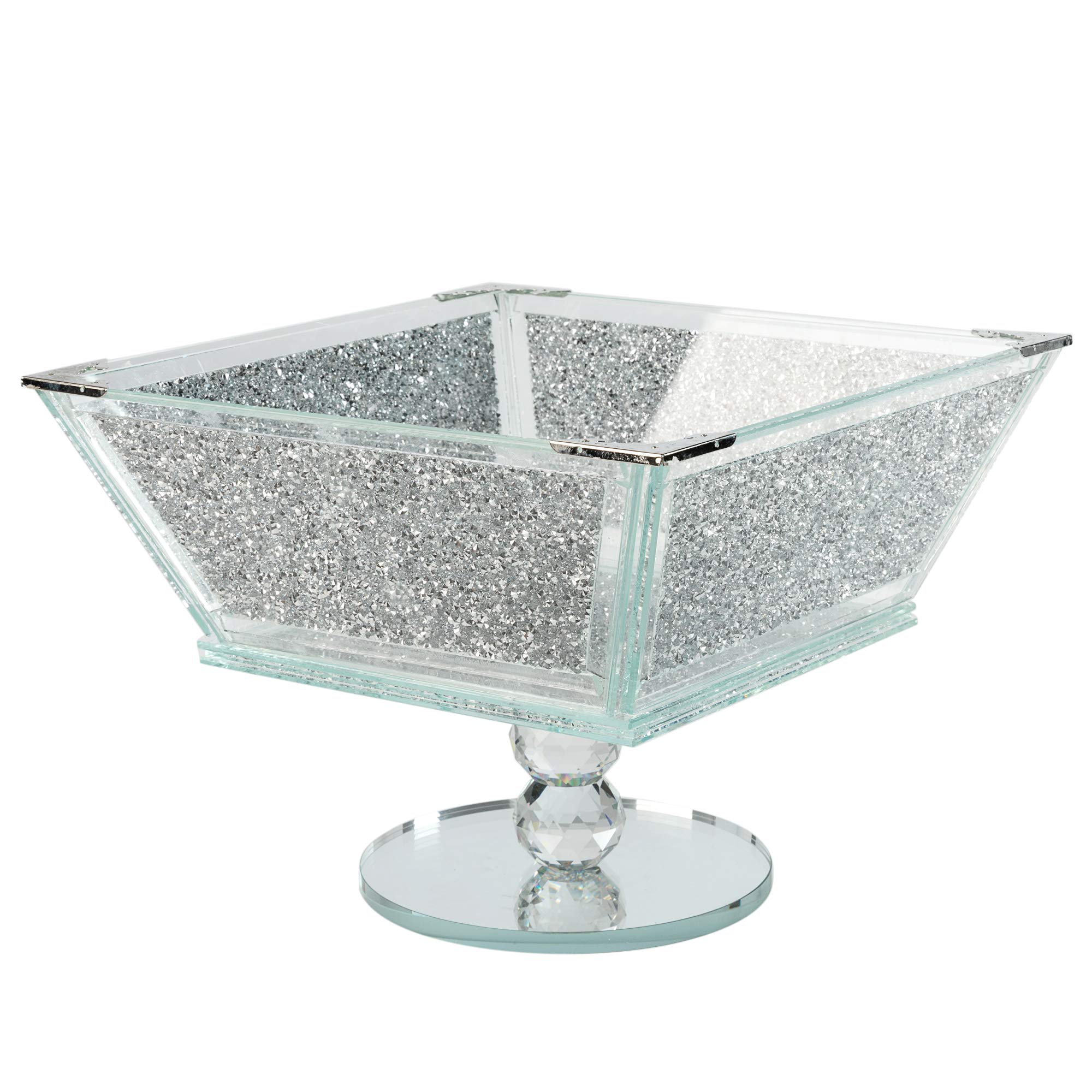 London Boutique Crystal Extra Large Fruit Bowl Centre Piece Storage Sparkle Crushed Diamond Filled Silver Metal Frame Square Shape 7.5 Inches Height