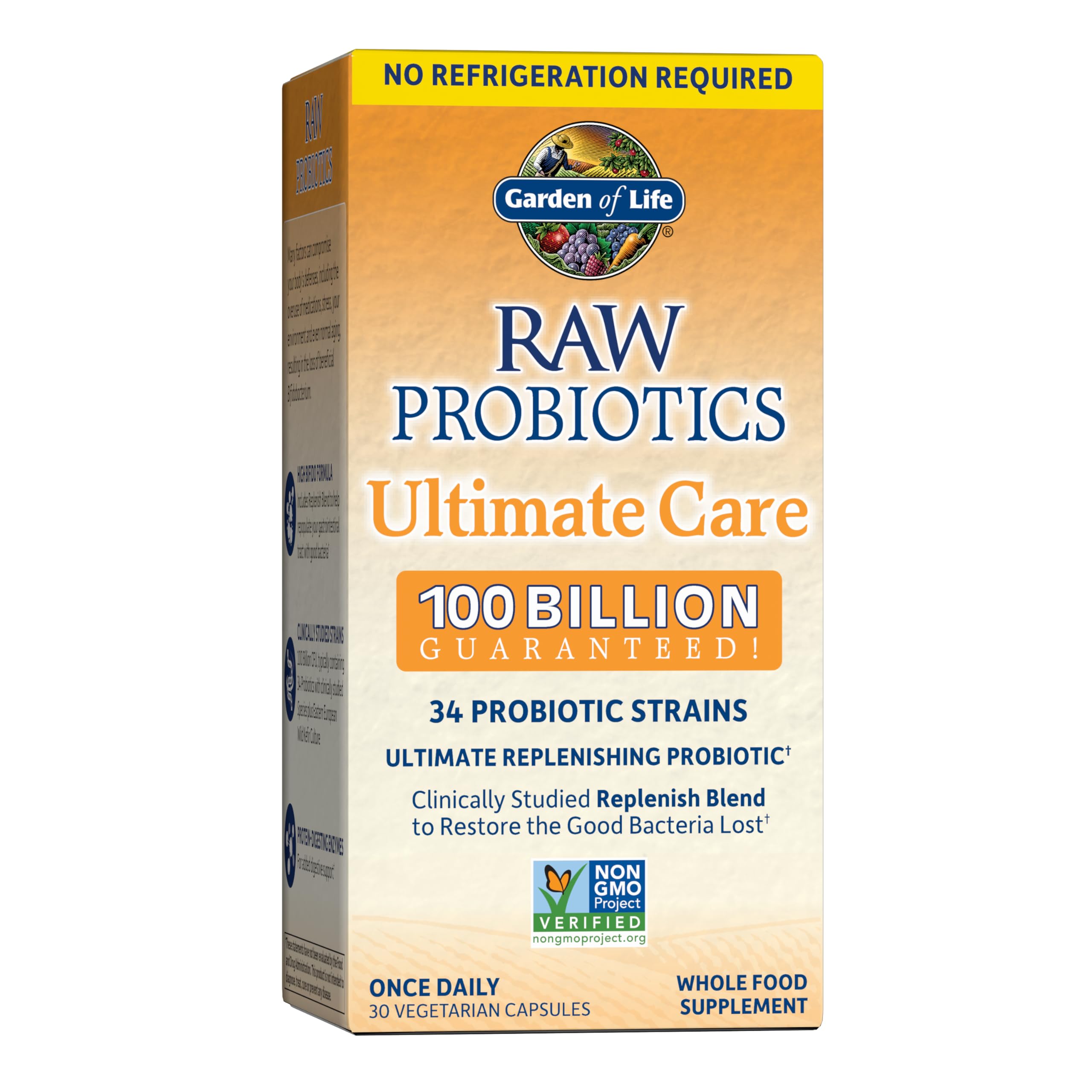 Raw Probiotics - 100 Billion CFU, Shelf Stable, 30 Capsules - For Men and Women, Digestive Enzymes, Clinically Studied Strains - by Garden of Life