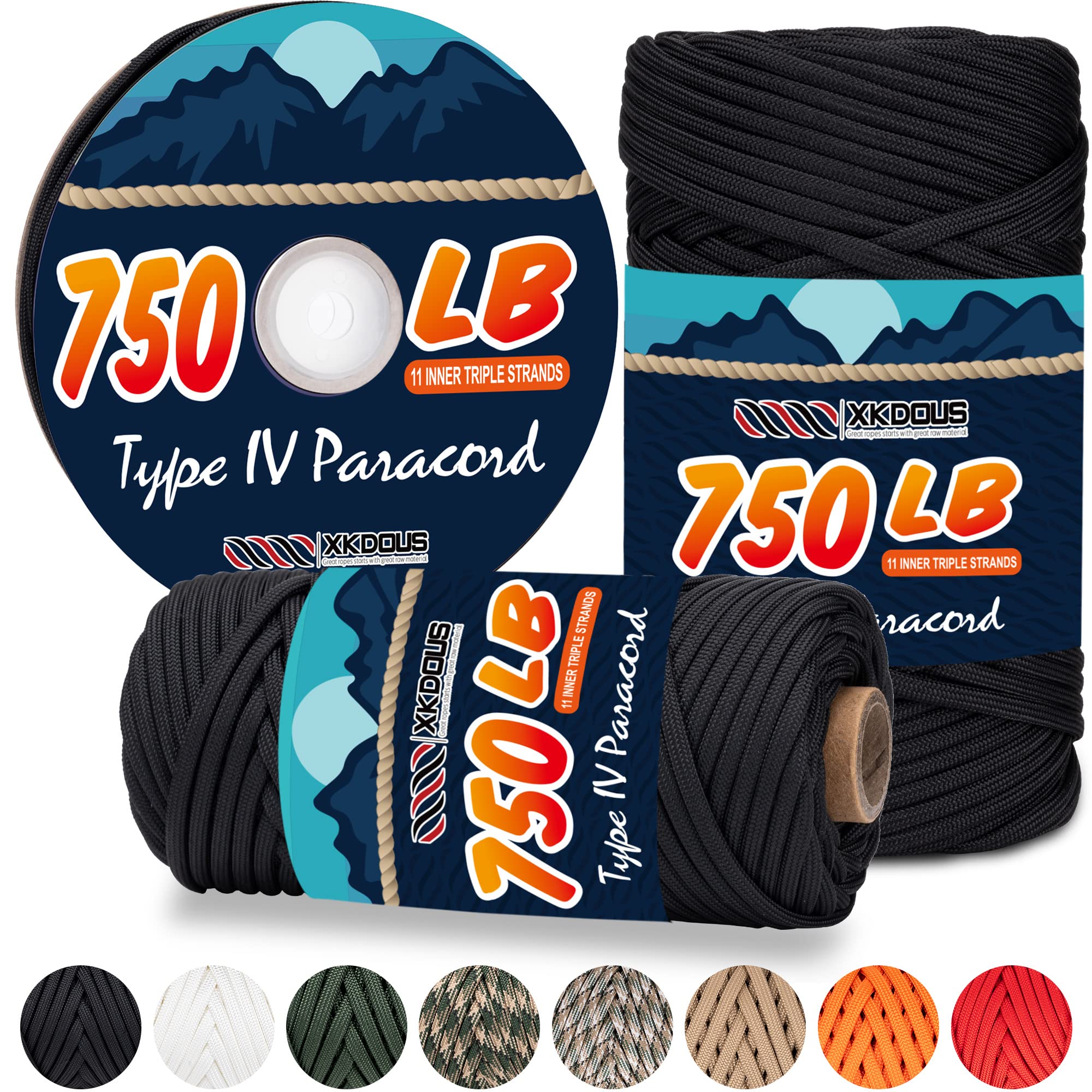 XKDOUSParacord 750 lb 250ft Black Parachute Cord, 100% Nylon 11 Strand Inner Core Type IV Tactical Paracord Rope, Outside Survival Gear for Bracelets, Lanyards, Handle Wraps, Camping & Hiking