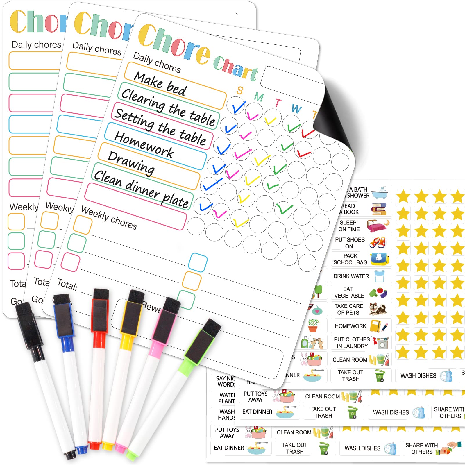 3Pcs Magnetic Chore Chart for Multiple Kids & Adults,Reward Chart Good Behavior Chart for Kids,Dry Erase Responsibility Charts for Toddlers, with Tasks & 6 Markers for Fridge School Home Supplies