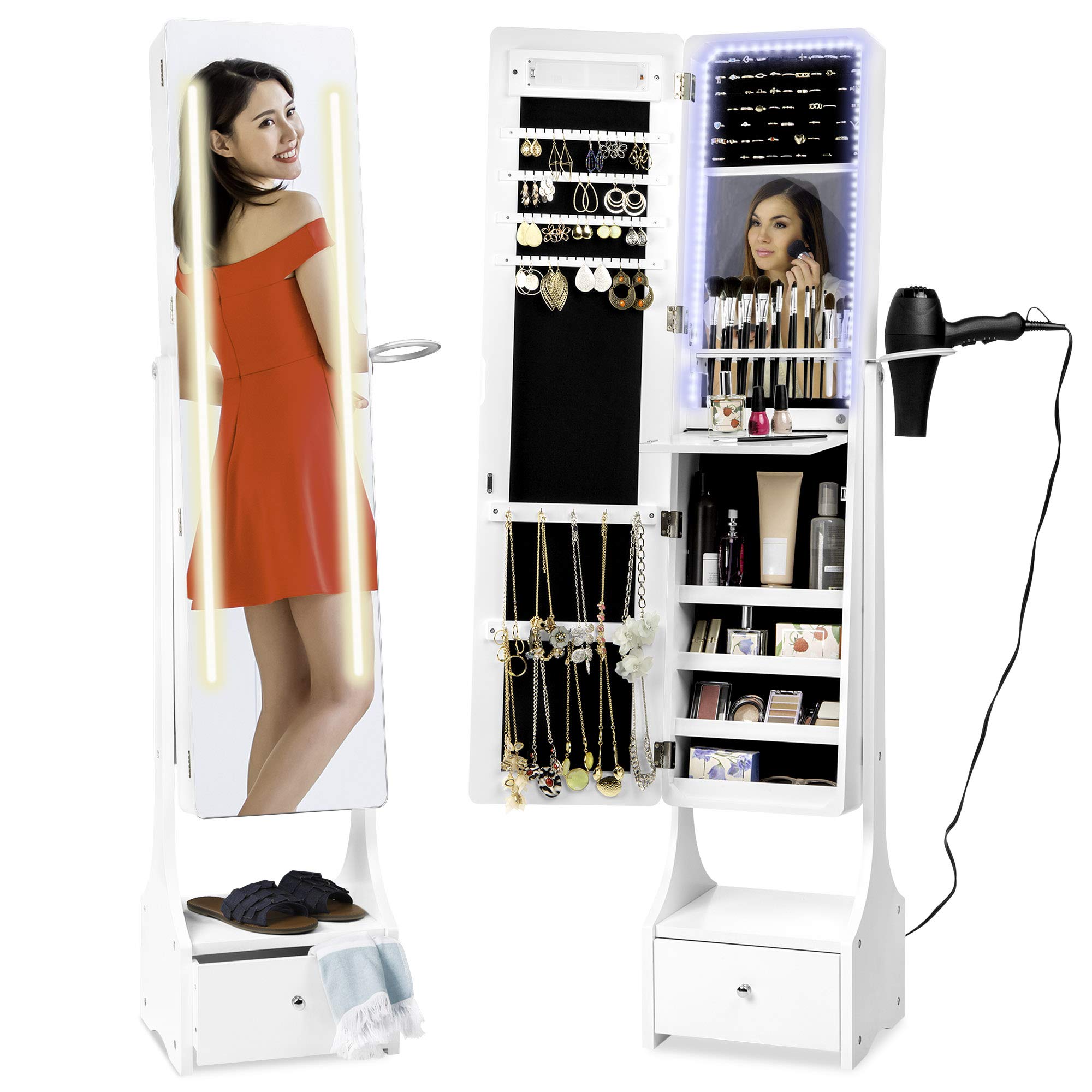 Best Choice Products Full Length Standing LED Mirror, Jewelry & Makeup Storage Cabinet Armoire w/Interior & Exterior Lights, Lockable Magnet Door, Touchscreen, Velvet Lining, Shelves, Drawer - White