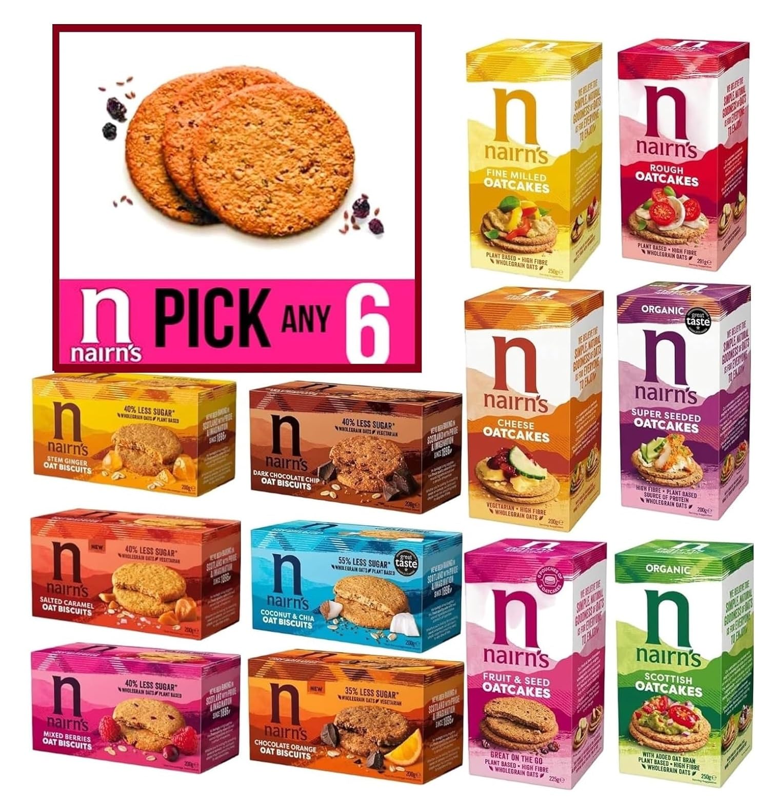 Nairn's PICK ANY 6 Non Gluten Free Oat Biscuits and Oatcakes. Flavours inc. Chocolate chip, cheese, fruit and seed, Stem Ginger, Mixed Berries, Salted Caramel Etc.