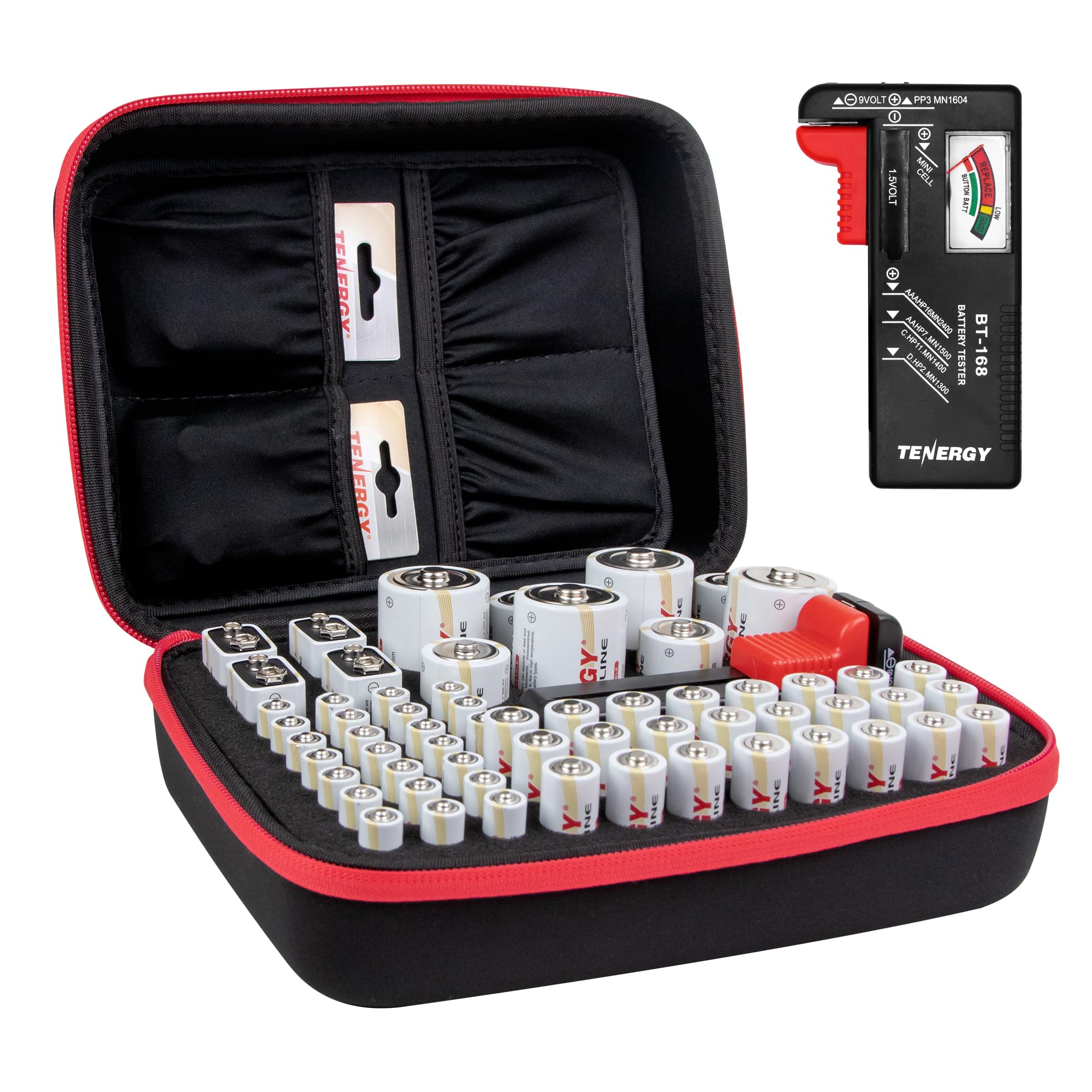 Tenergy Battery Organizer Storage Case with Battery Tester, Holds 60 Batteries AA AAA C D 9V (Batteries not Included)