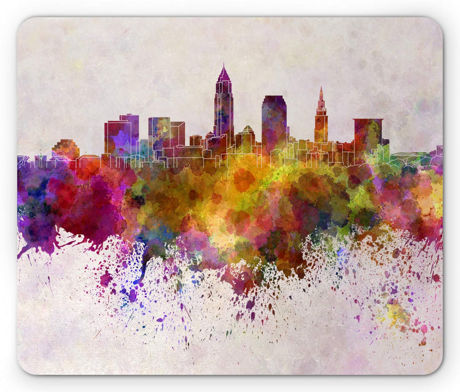 Lunarable Cleveland Mouse Pad, Smudged Watercolor Effect Cleveland Skyline in Rainbow Colors with Contour Lines, Standard Size Rectangle Non-Slip Rubber Mousepad, Multicolor