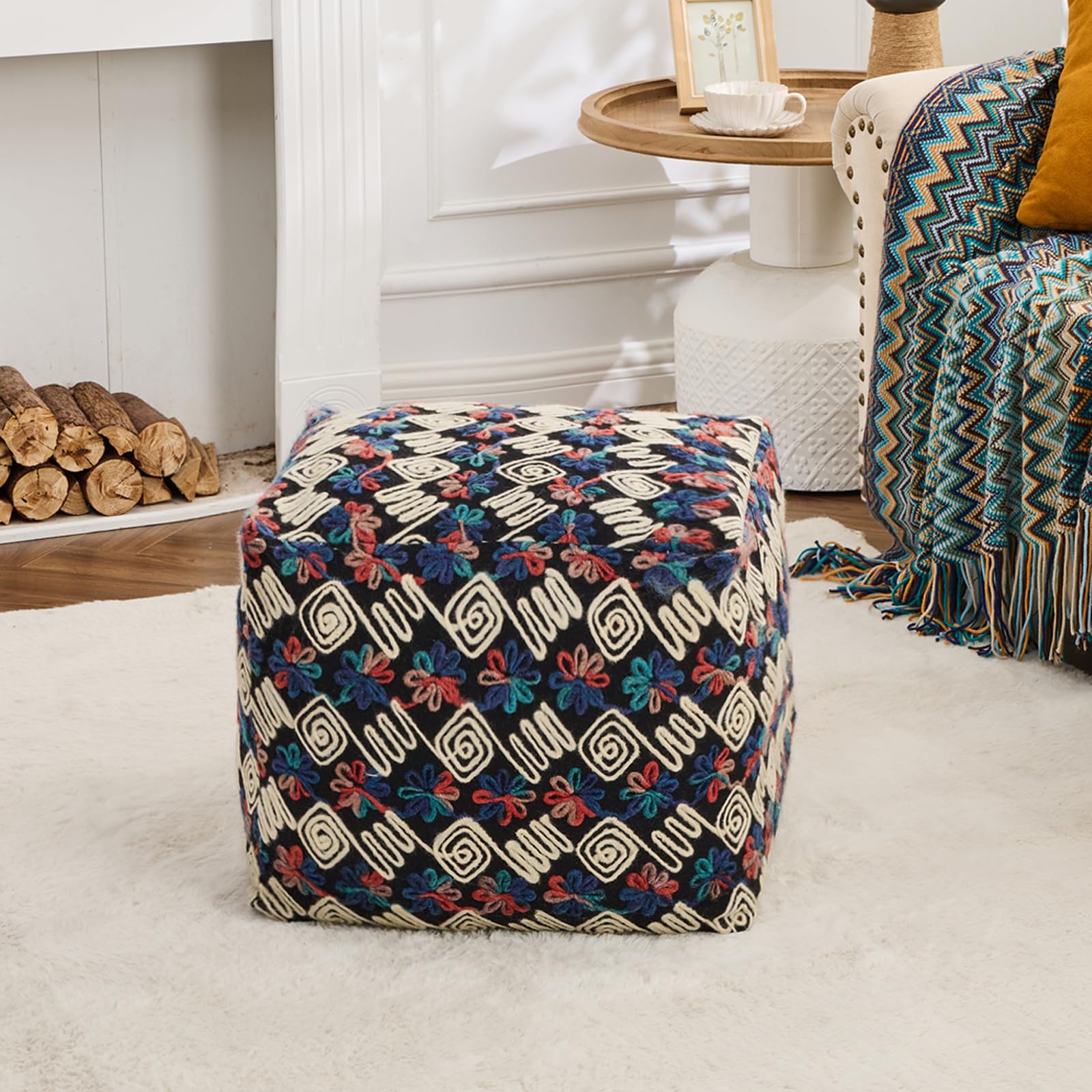 Unstuffed Pouf Ottoman Cover Storage Bean Bag Cube Foot Rest Floral Footstool Floor Pillow Farmhouse Cushion for Living Room, Bedroom, Nursery, Kidsroom, Nook