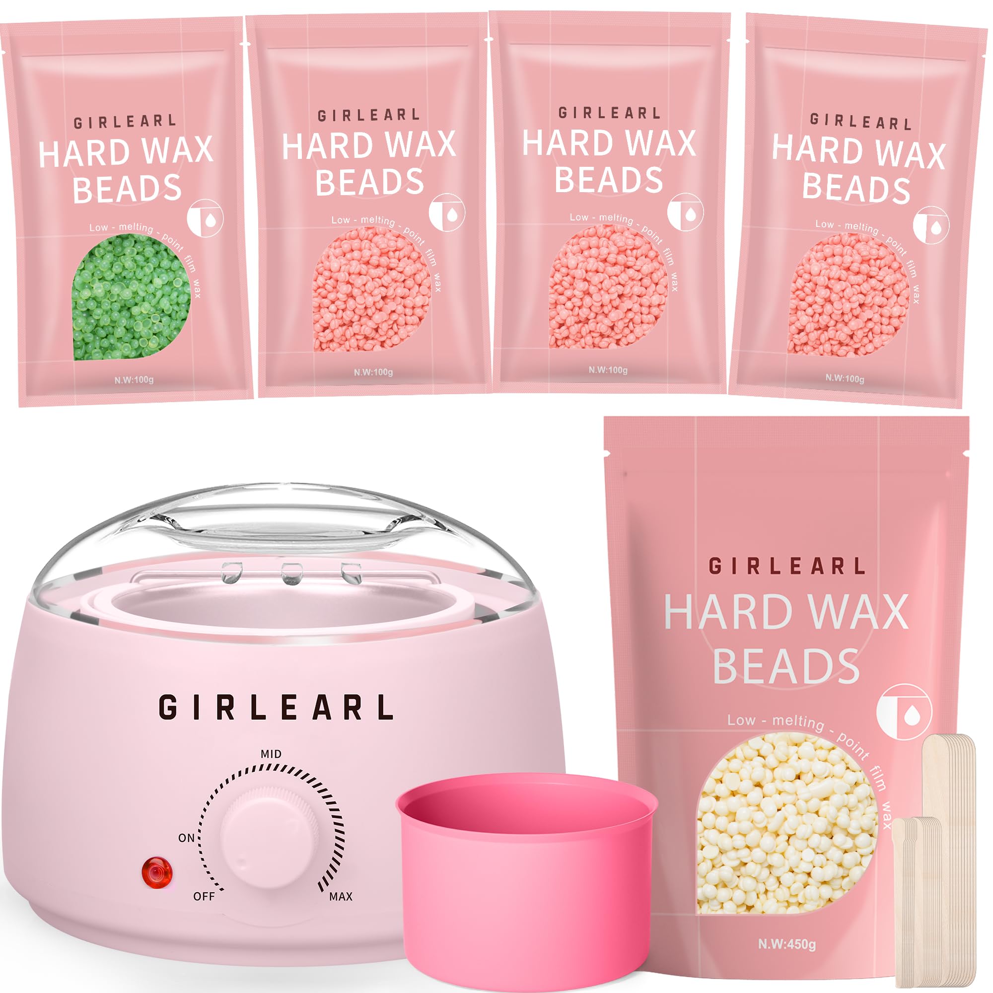 Pink Wax Warmer Kit for Women and Men + 1lb Cream Hard Wax Beads at Home, Multiple Formulas Target Different Types of Hair for Sensitive Skin Body, Brazilian Bikini, Eyebrow, Facial