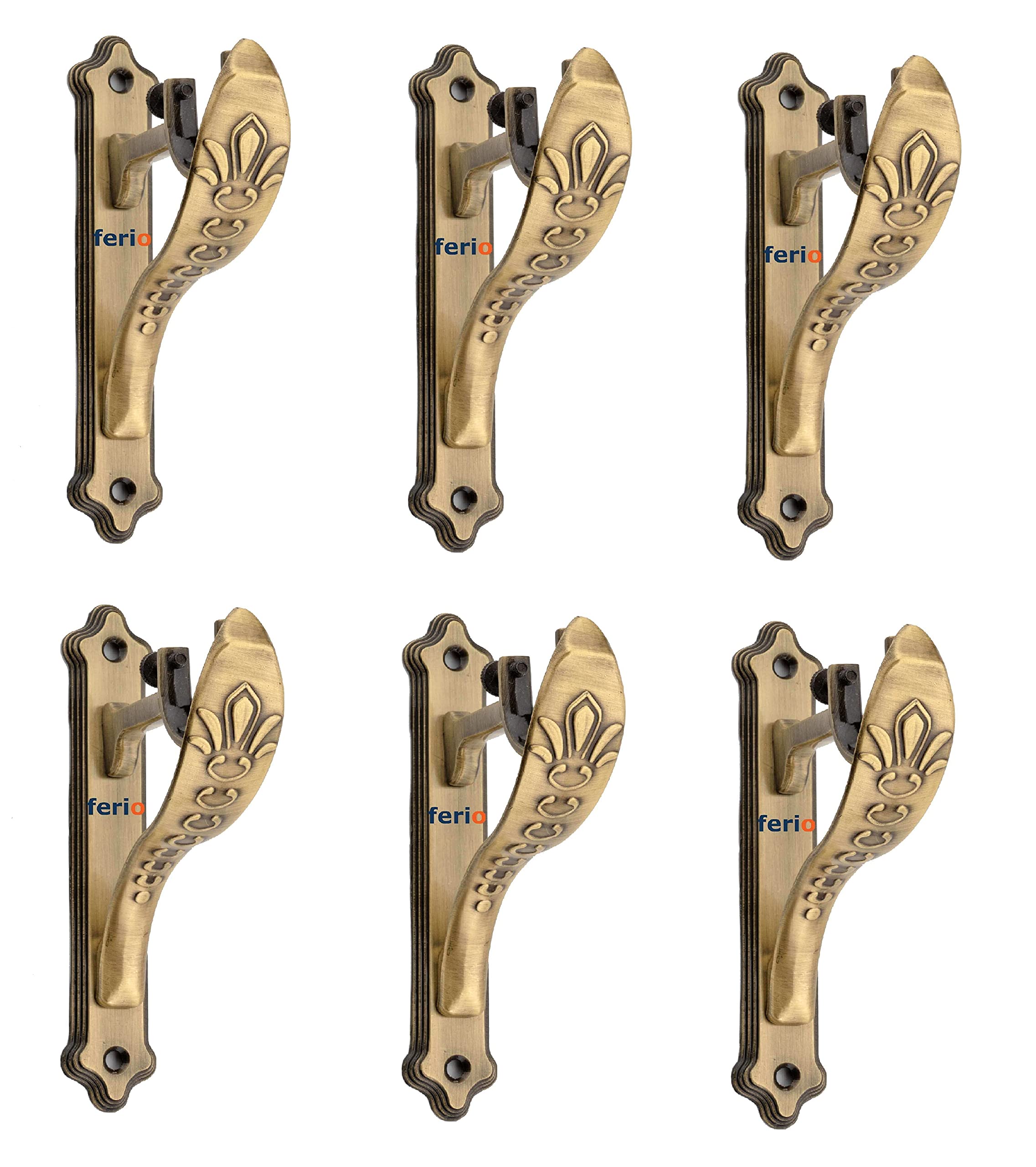 Ferio Zinc Antique Brass Finish Designer Heavy Curtain Supports for Door and Window Curtain Brackets/Holder Set for 1 Inch Rod (Pack of 6 Pcs)