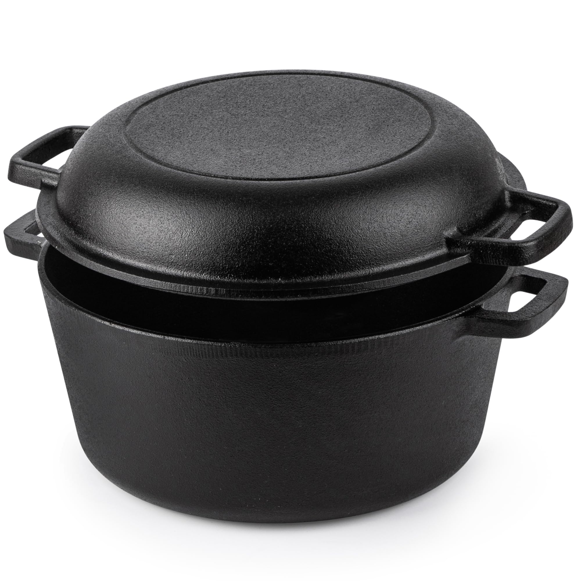 nuovvaPre-Seasoned Cast Iron Dutch Oven Casserole Pot - Cast Iron Skillet Lid – 2 in 1 Cooking Cookware Pan Set – Dutch Oven Pot with Lid – Black, 5 Quarts, 26cm –