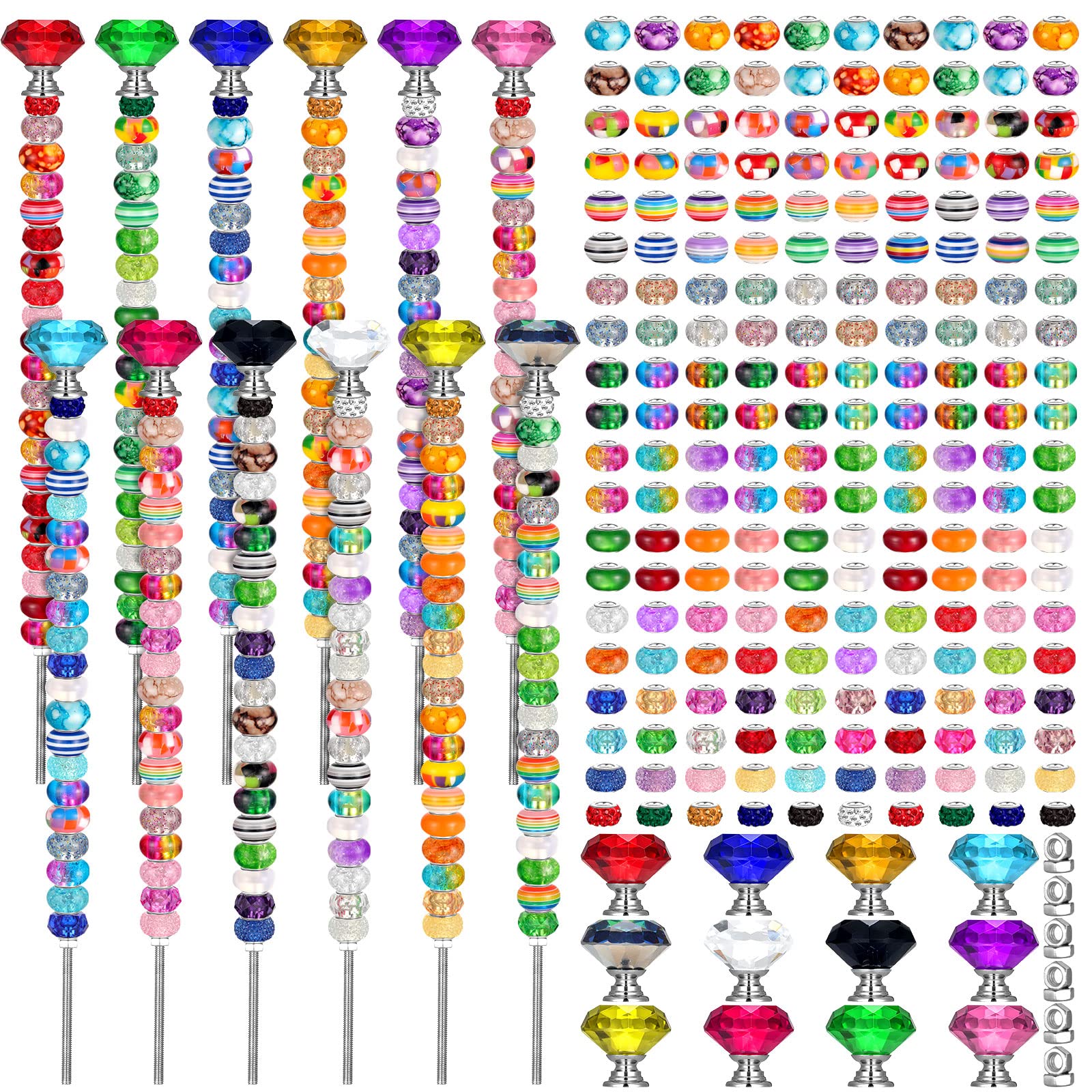 Tigeen 236 Pcs Garden Stakes Decorative Beaded Garden Stakes with 12 Colorful Crystal Stopper Top 12 Threaded Rod with 12 Nuts 200 Assortment Round Large Hole Beads for Outdoor Decoration