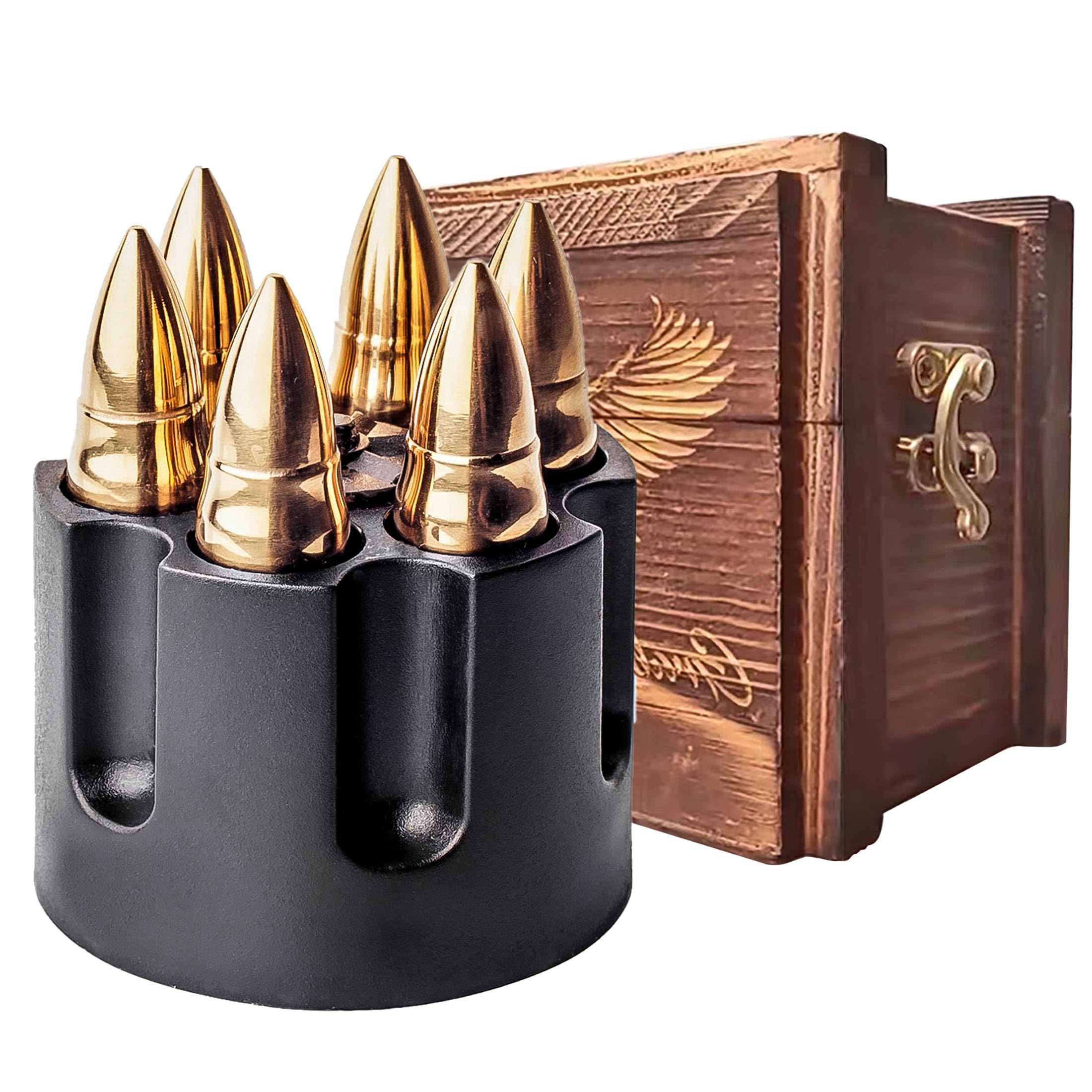 Golden Whiskey Stones Extra Large 6 Laser Engraved Stainless Steel Bullets with Revolver Barrel Base Reusable Chilling Rocks Stone Ice Cubes Chillers Birth Day Gift Set for Father's Day, Military Man.