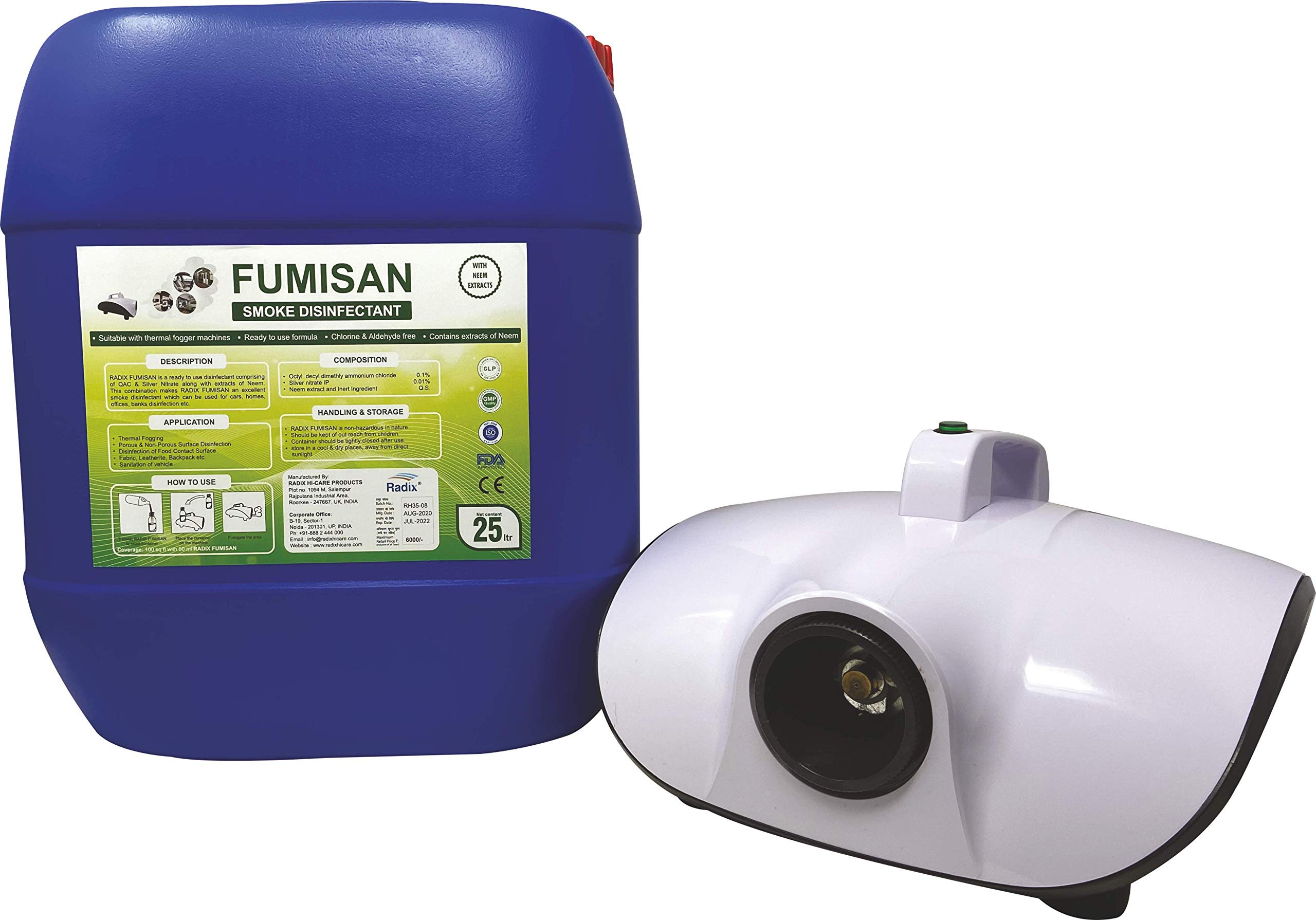 Acuro Radix FUMISAN Ready To Use Smoke Disinfectant + 1500W Smoke Machine Thermel Fogger for Home, Car, and Office Disinfection (combo 25 Ltr Disinfectant + Fogging Machine + Transfer Bottle)