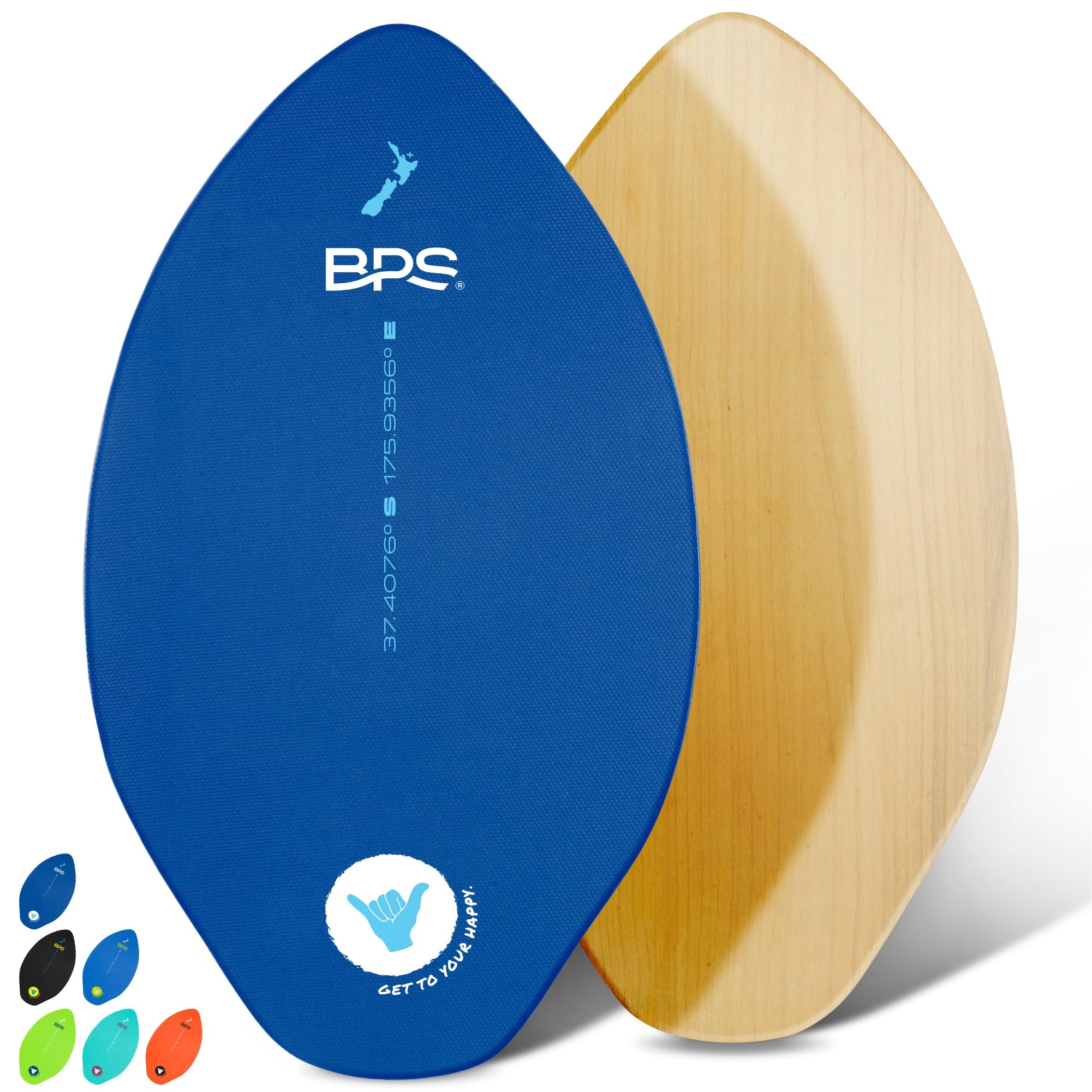 BPSNew Zealand ‘Shaka’ Skimboard with Colored EVA Grip Pad and High Gloss Clear Coat Wooden Skim Boards for Kids and Adults | Choose from 3 Sizes and Traction Pad Color