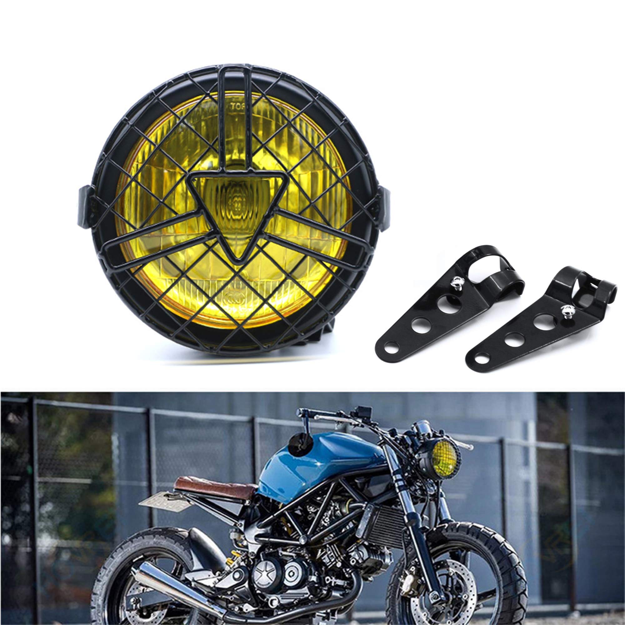 evomosa Universal Motorcycle Headlight, 6 '' Halogen Headlight with Lampshade Cover Retro for Cafe Racer Bobber Chopper CG125 GN125 (yellow)