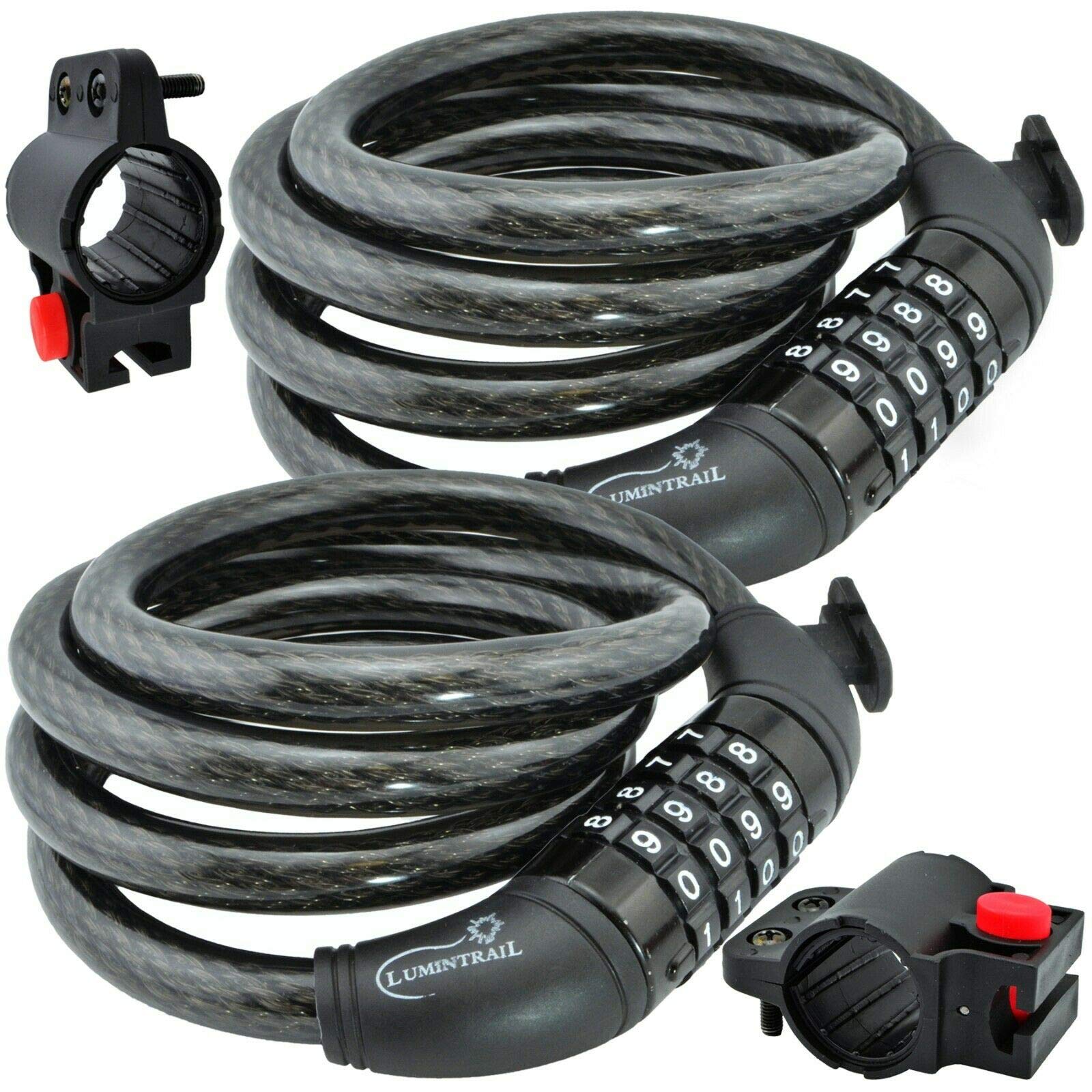 Lumintrail Bike Cable Lock, Self Coiling 4 Foot 12mm Braided Steel Cable Resettable Combination Cable Lock with Included Mounting Bracket (1 or 2 Pack)